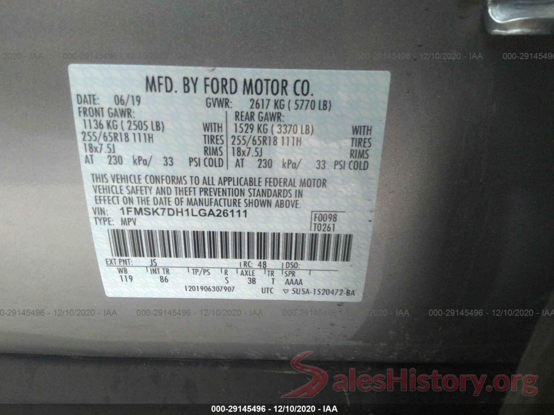 1FMSK7DH1LGA26111 2020 FORD EXPLORER