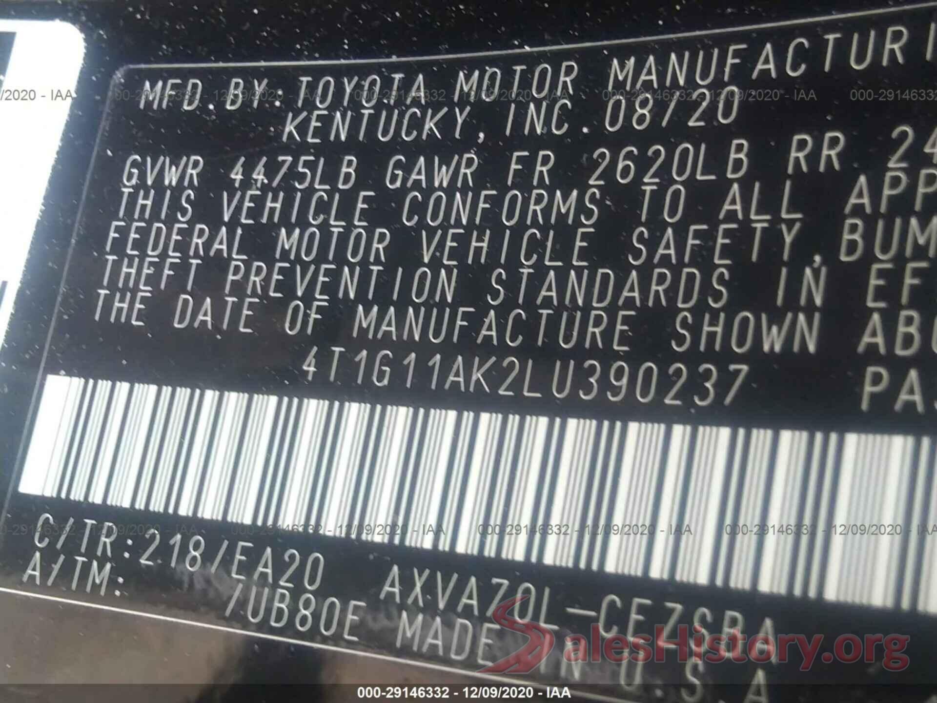 4T1G11AK2LU390237 2020 TOYOTA CAMRY