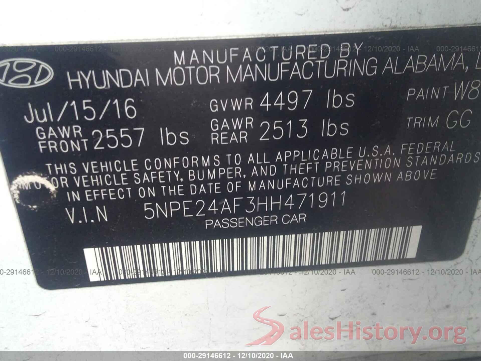 5NPE24AF3HH471911 2017 HYUNDAI SONATA