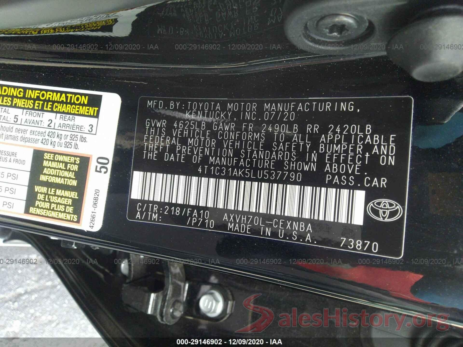 4T1C31AK5LU537790 2020 TOYOTA CAMRY