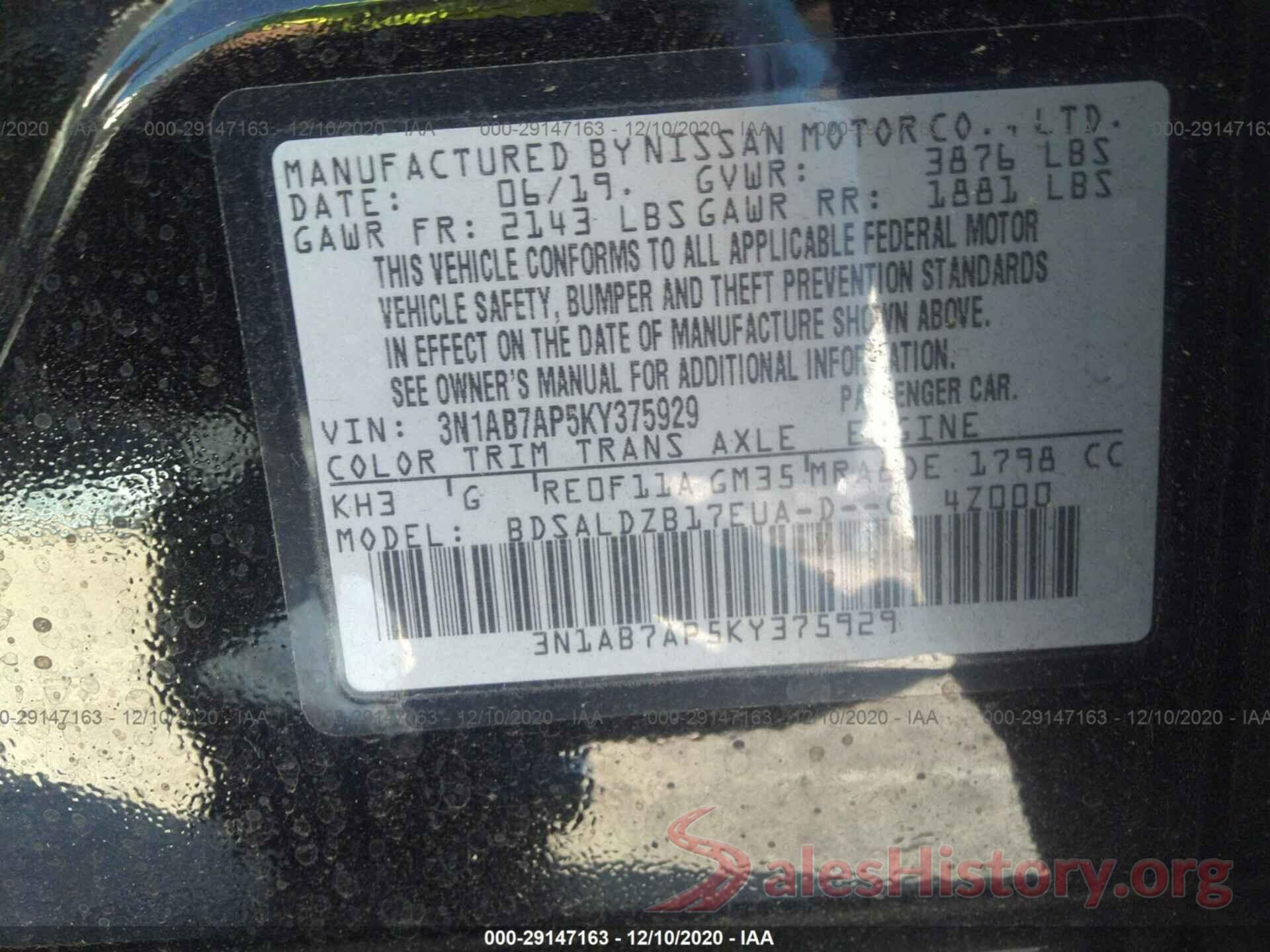 3N1AB7AP5KY375929 2019 NISSAN SENTRA