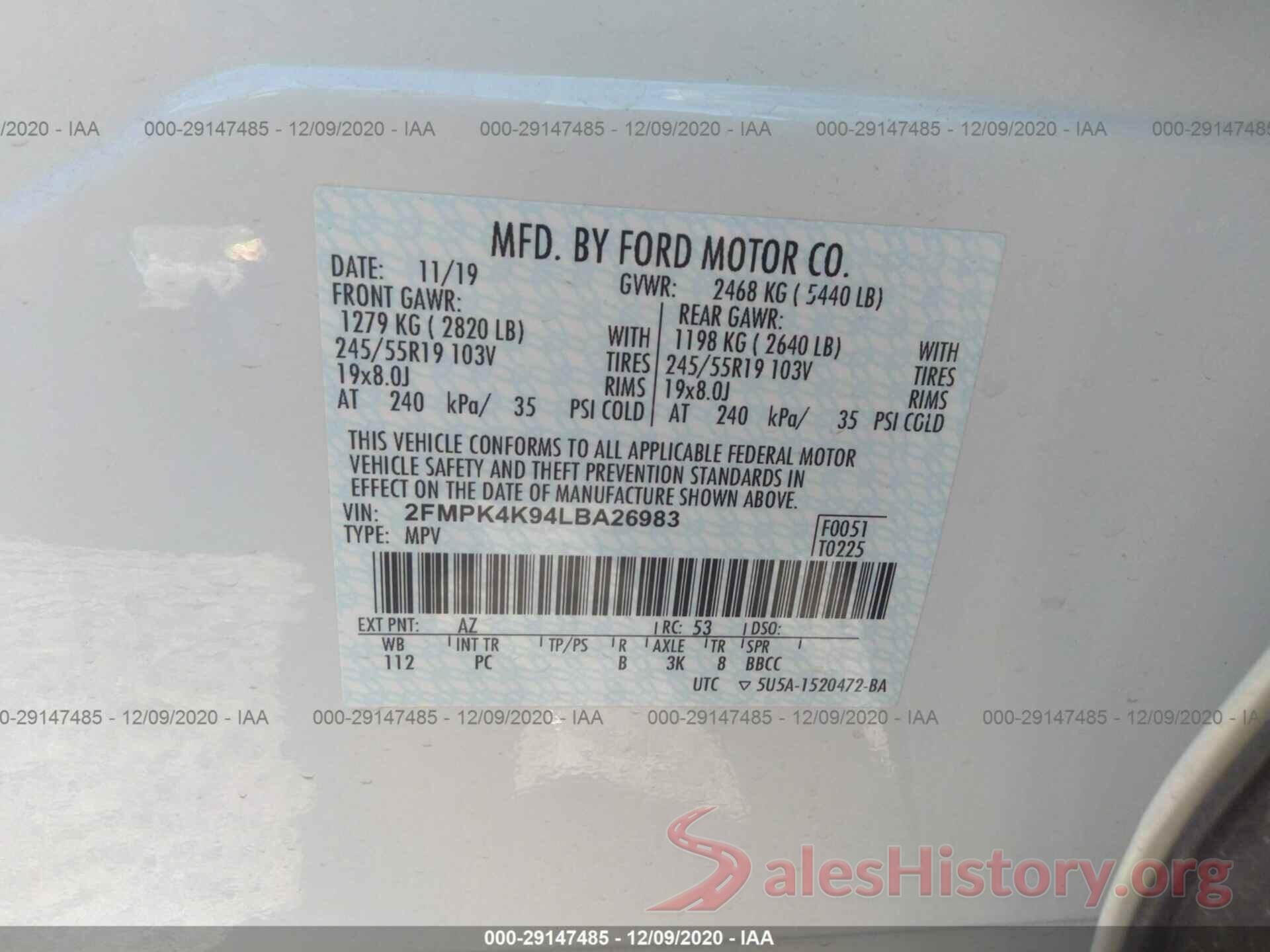 2FMPK4K94LBA26983 2020 FORD EDGE