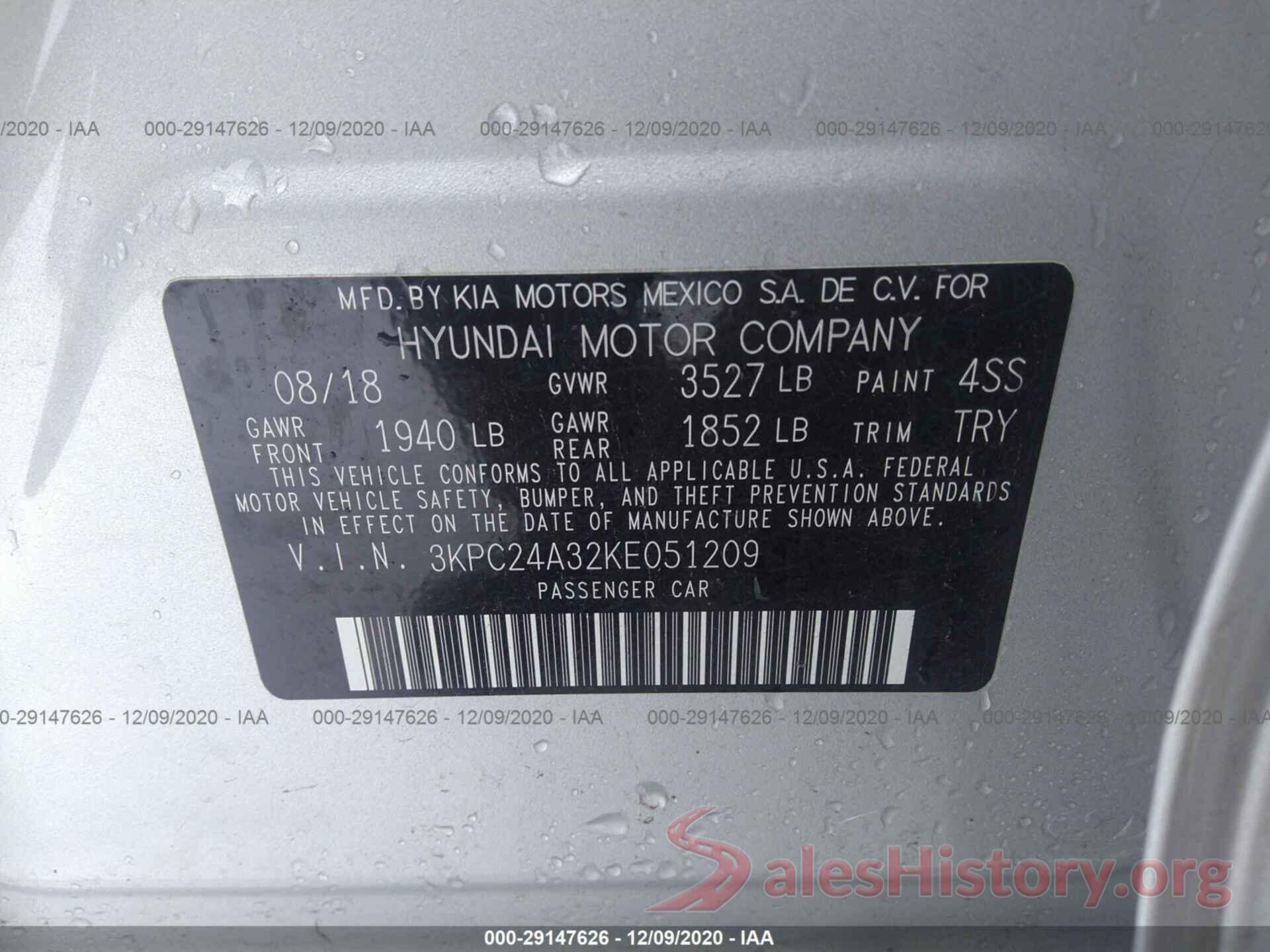 3KPC24A32KE051209 2019 HYUNDAI ACCENT