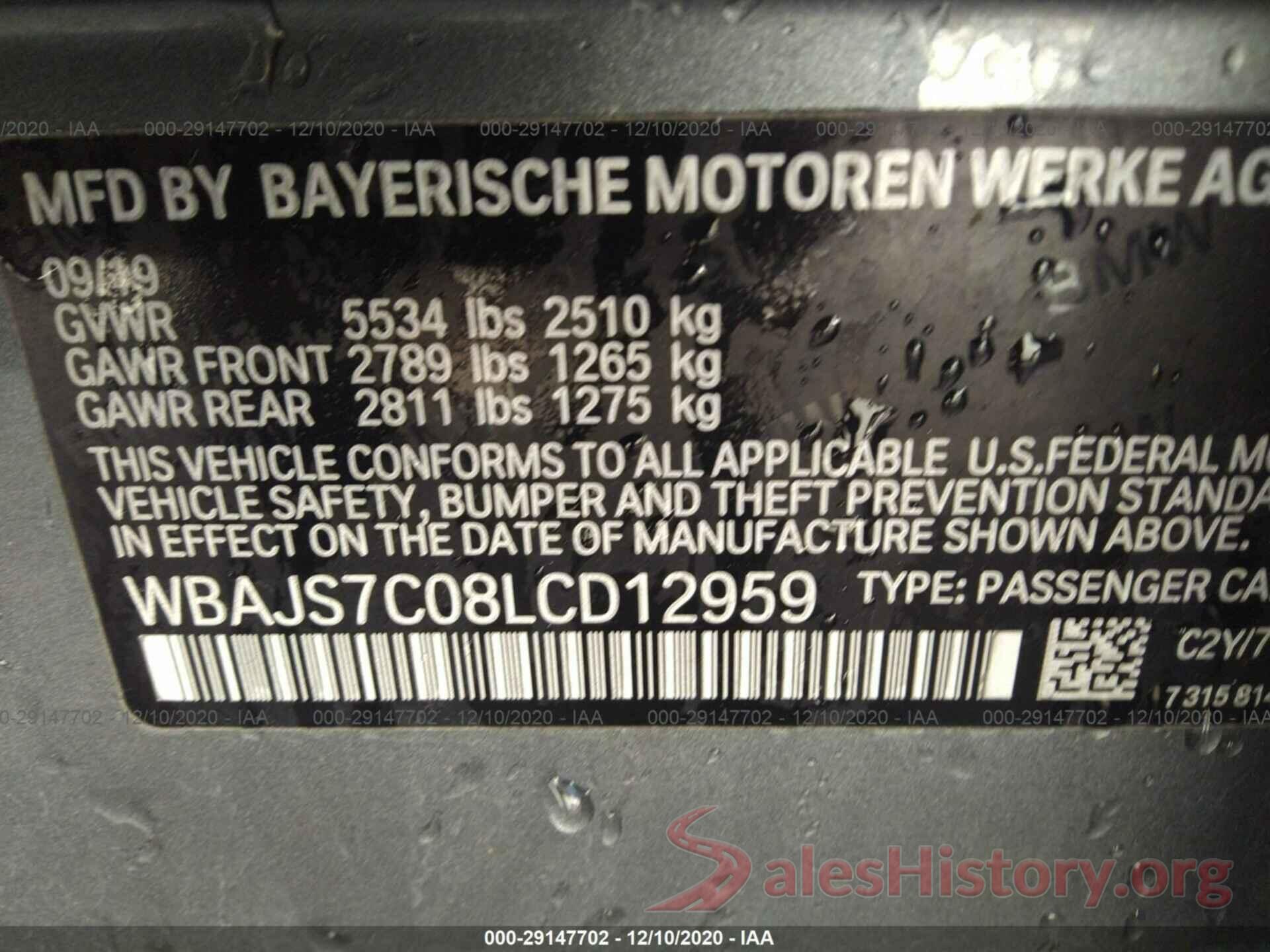 WBAJS7C08LCD12959 2020 BMW 5 SERIES