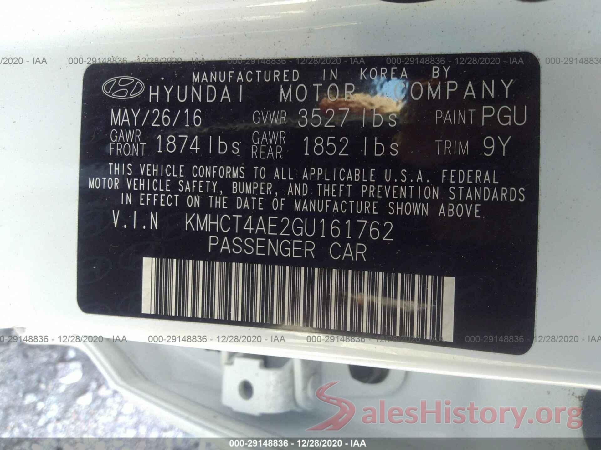 KMHCT4AE2GU161762 2016 HYUNDAI ACCENT