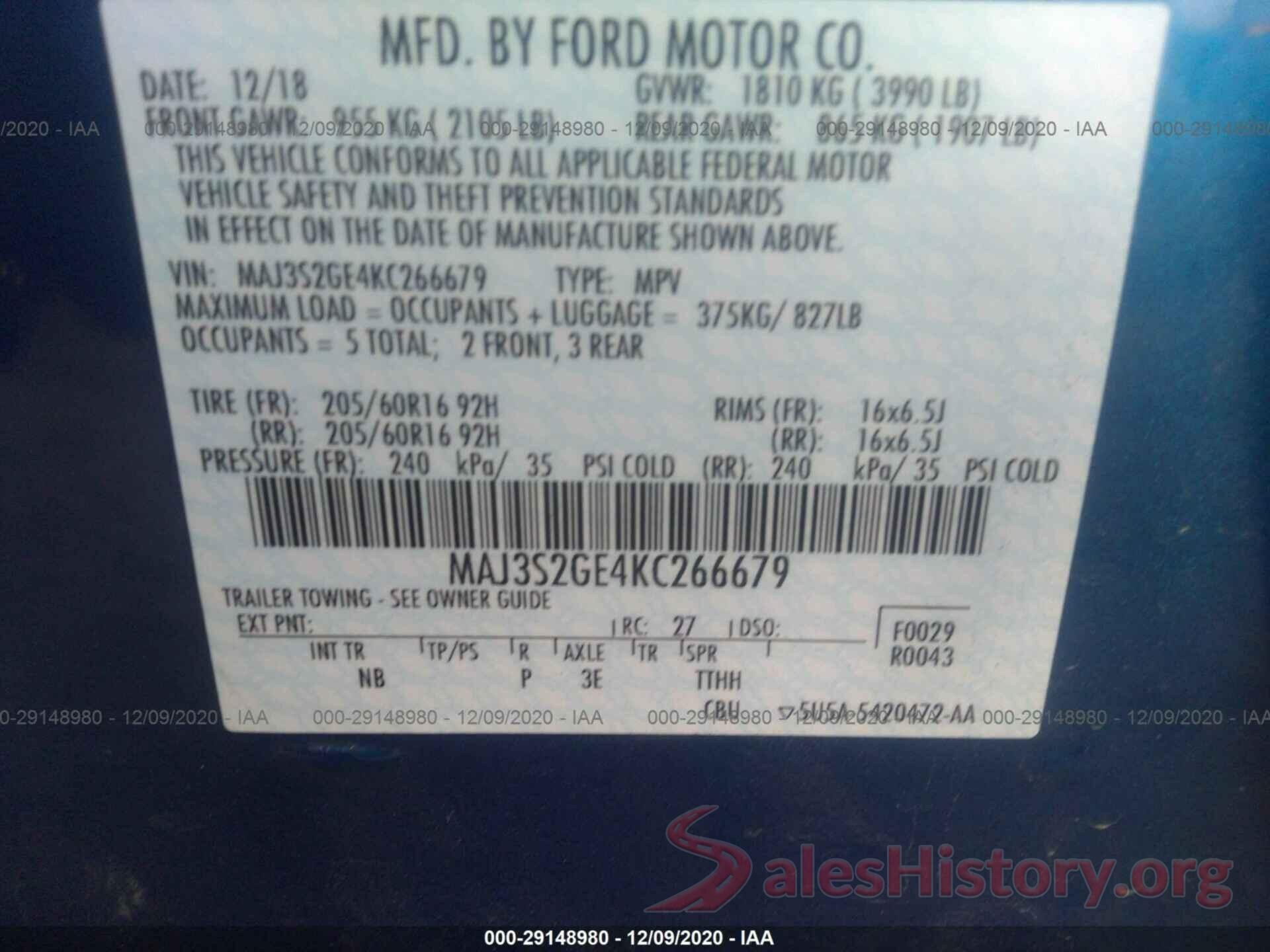 MAJ3S2GE4KC266679 2019 FORD ECOSPORT