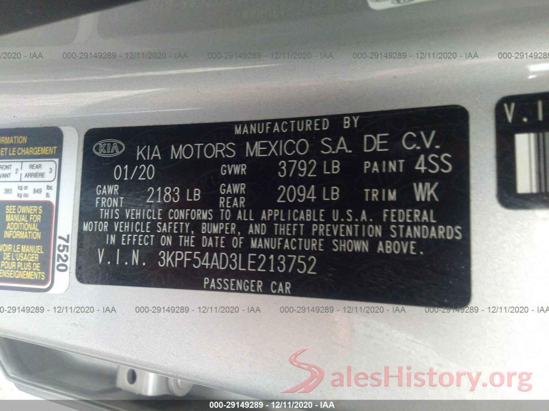 3KPF54AD3LE213752 2020 KIA FORTE