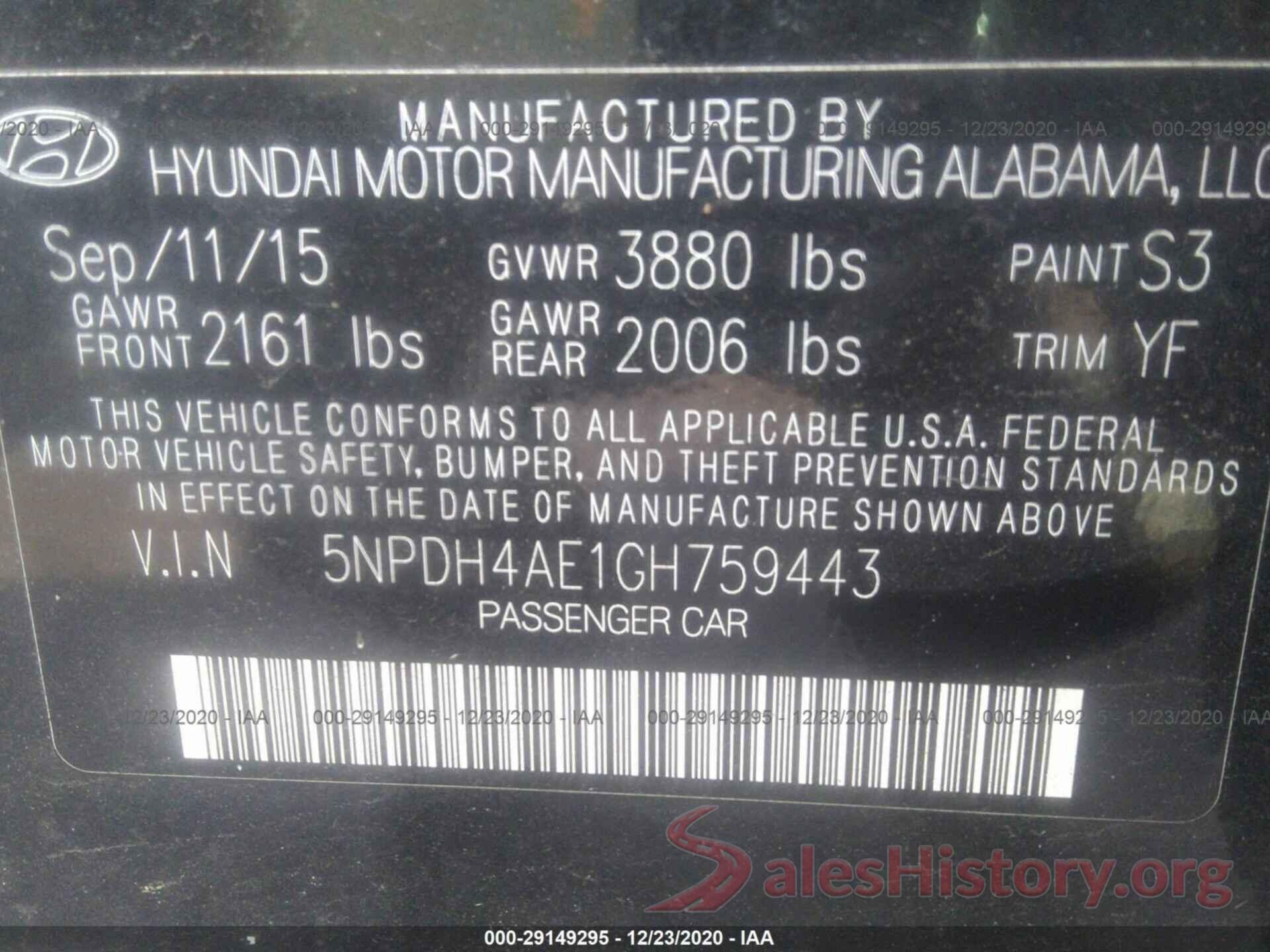 5NPDH4AE1GH759443 2016 HYUNDAI ELANTRA