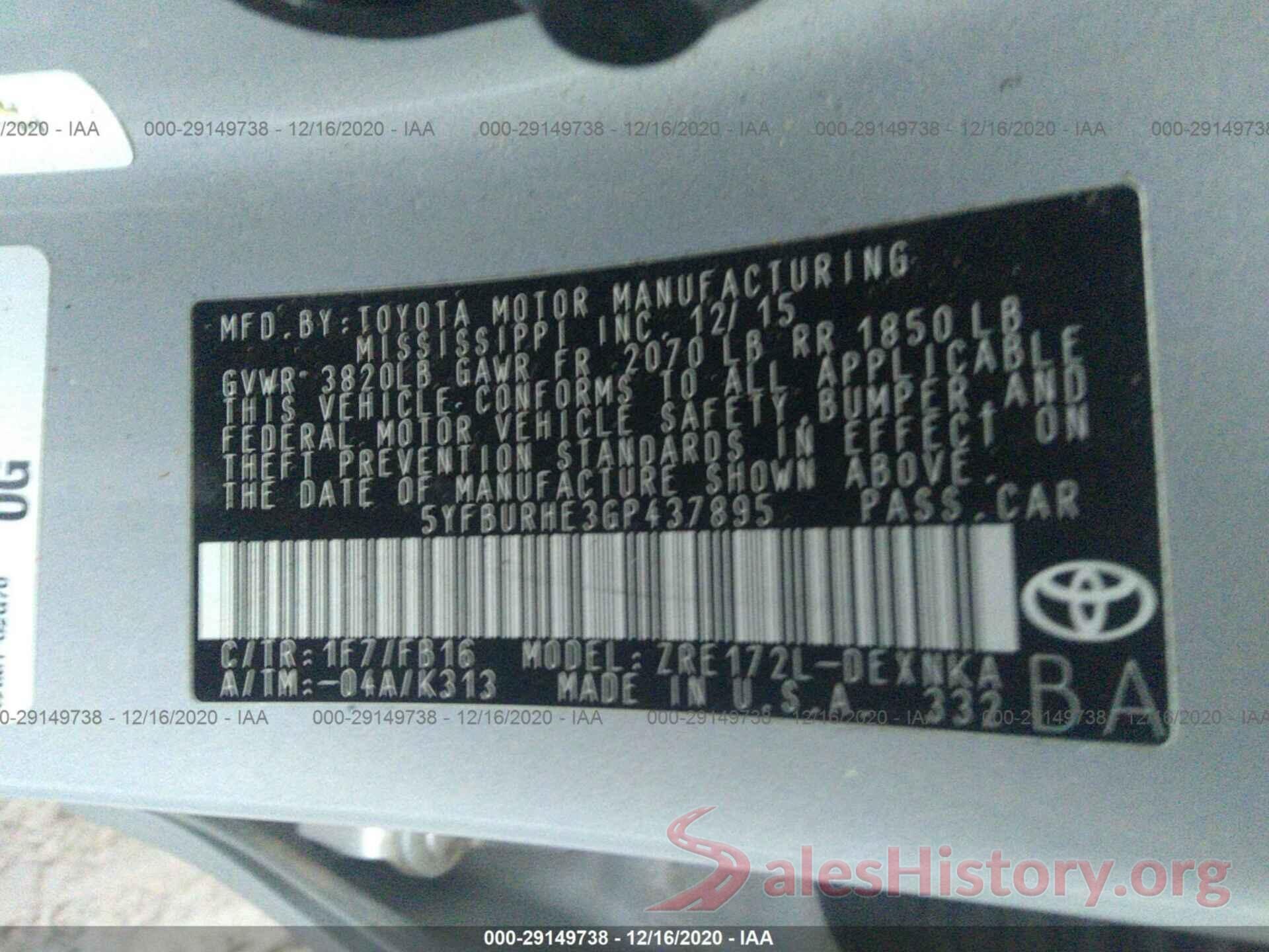 5YFBURHE3GP437895 2016 TOYOTA COROLLA