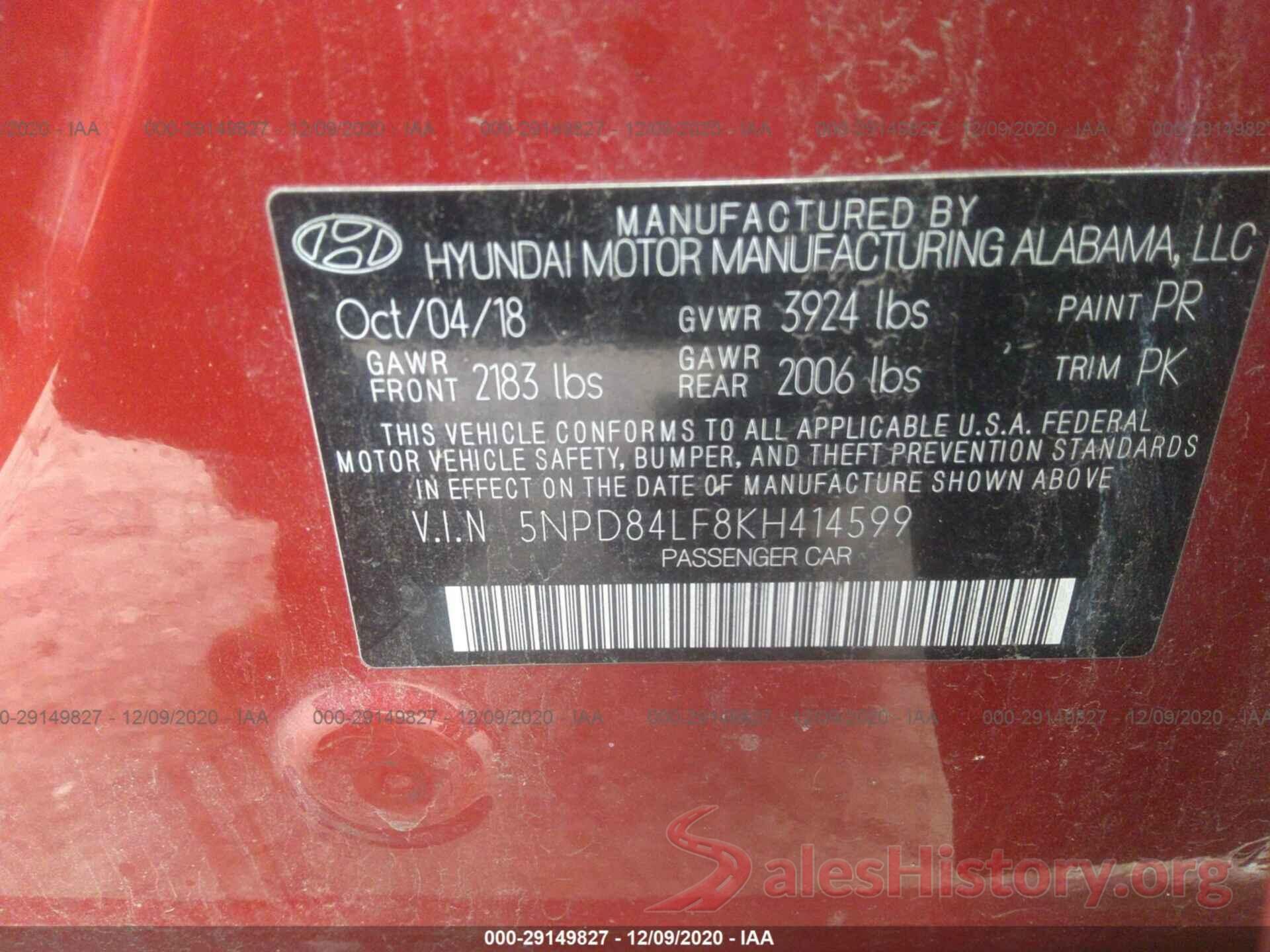 5NPD84LF8KH414599 2019 HYUNDAI ELANTRA