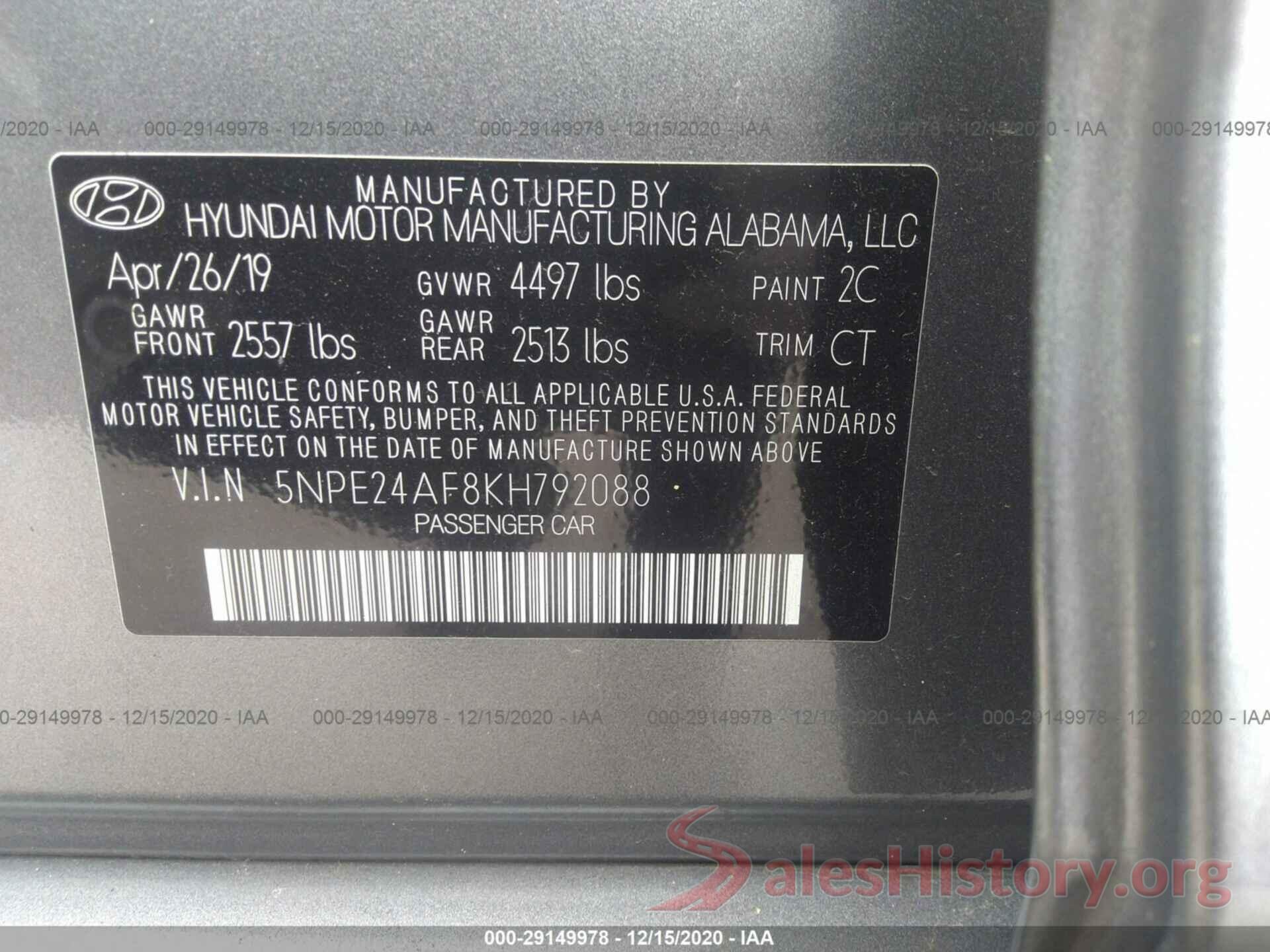 5NPE24AF8KH792088 2019 HYUNDAI SONATA