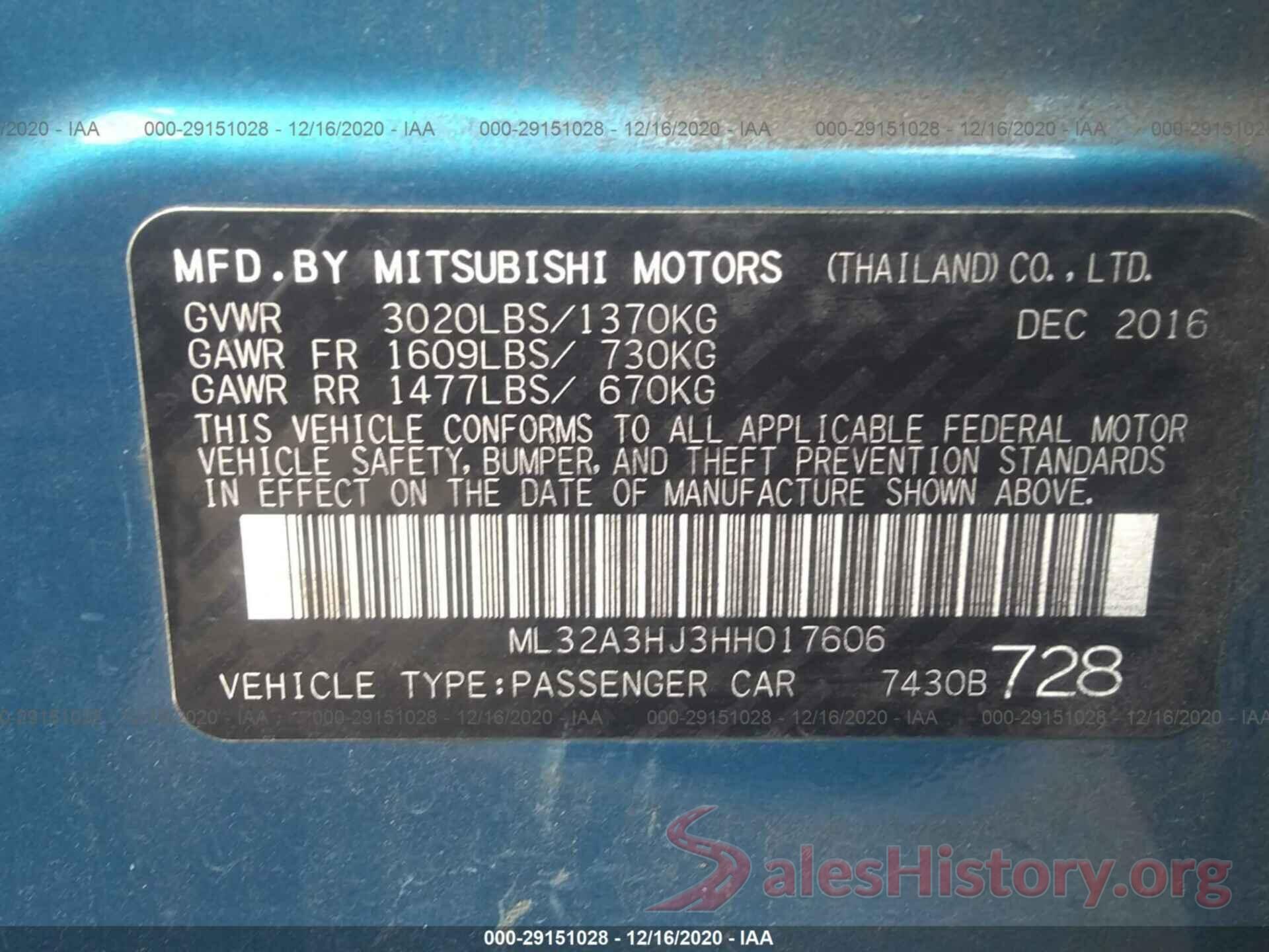 ML32A3HJ3HH017606 2017 MITSUBISHI MIRAGE