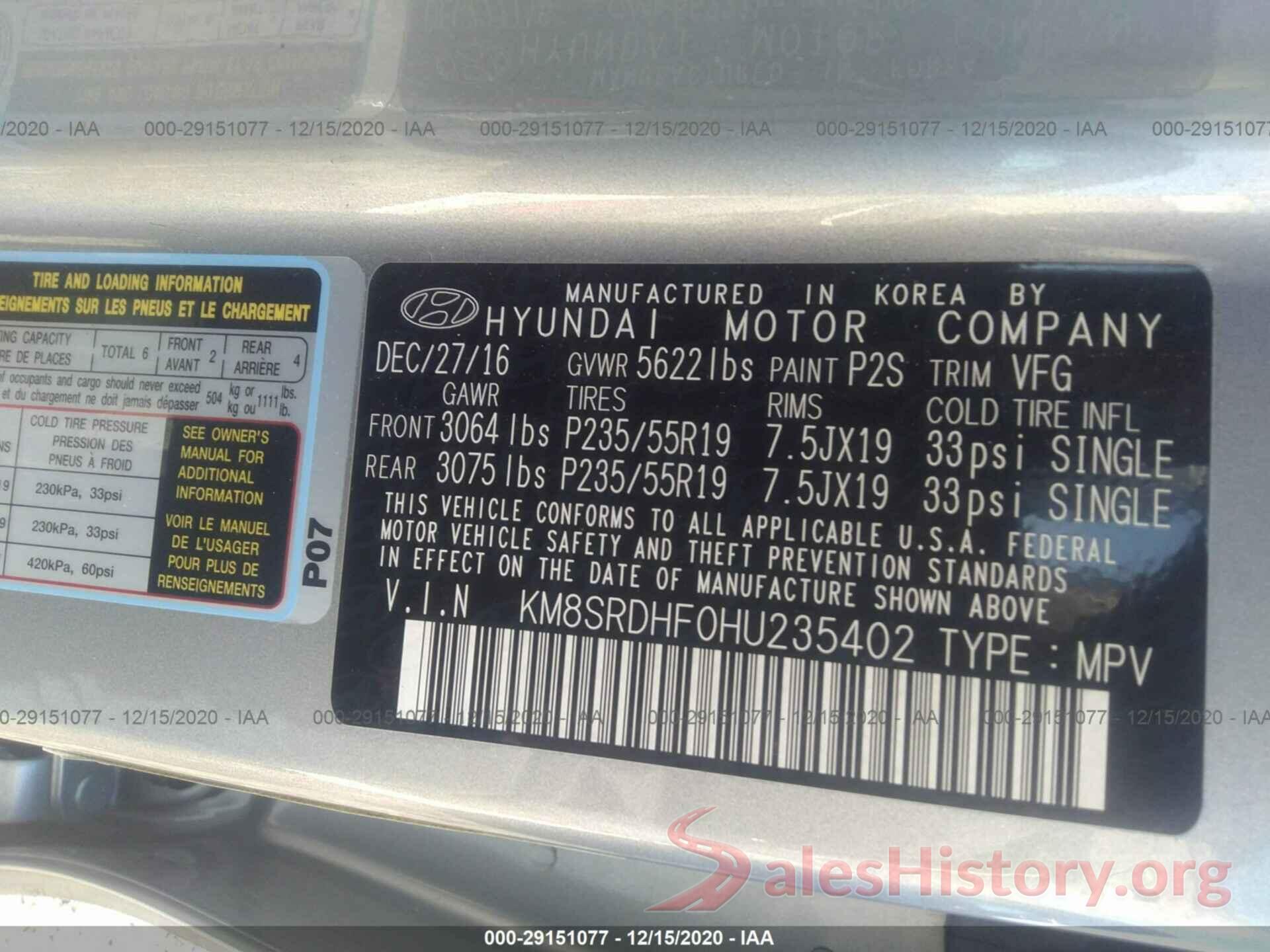 KM8SRDHF0HU235402 2017 HYUNDAI SANTA FE