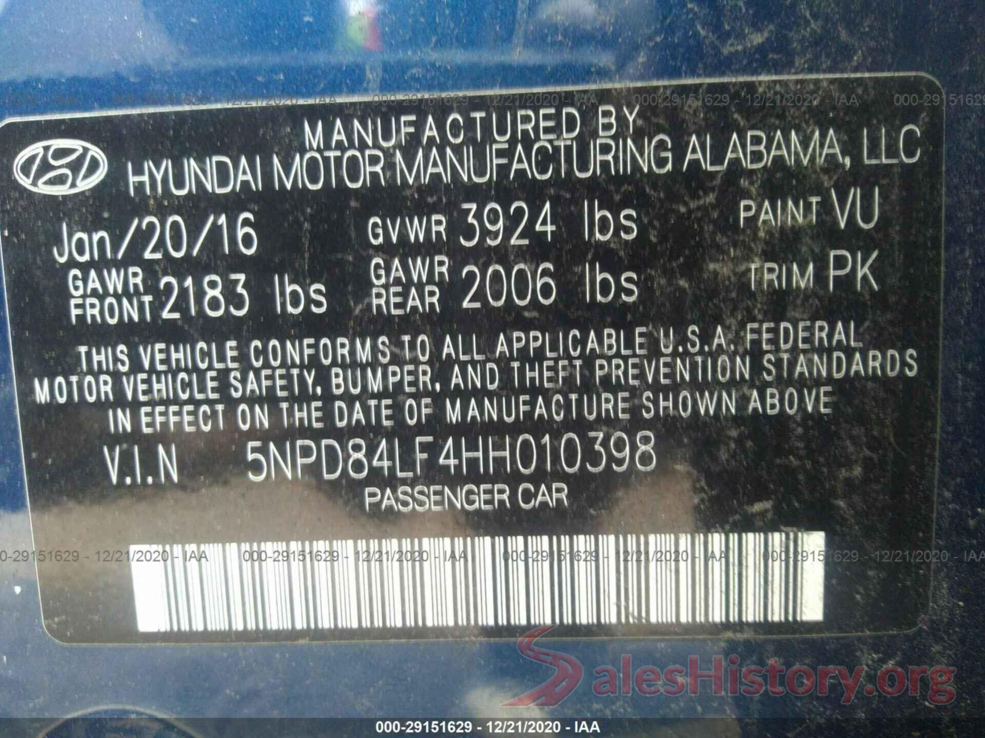 5NPD84LF4HH010398 2017 HYUNDAI ELANTRA