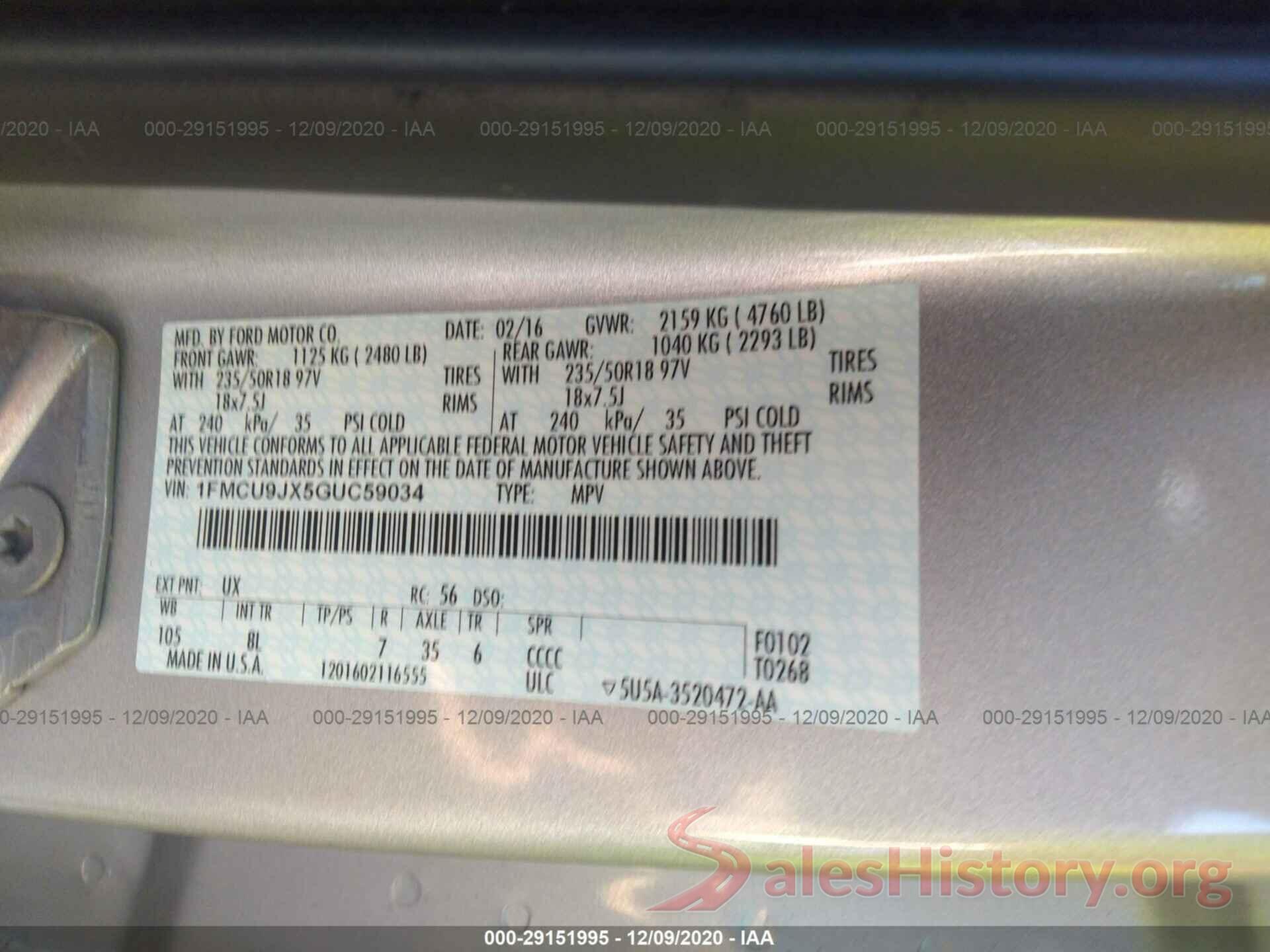 1FMCU9JX5GUC59034 2016 FORD ESCAPE