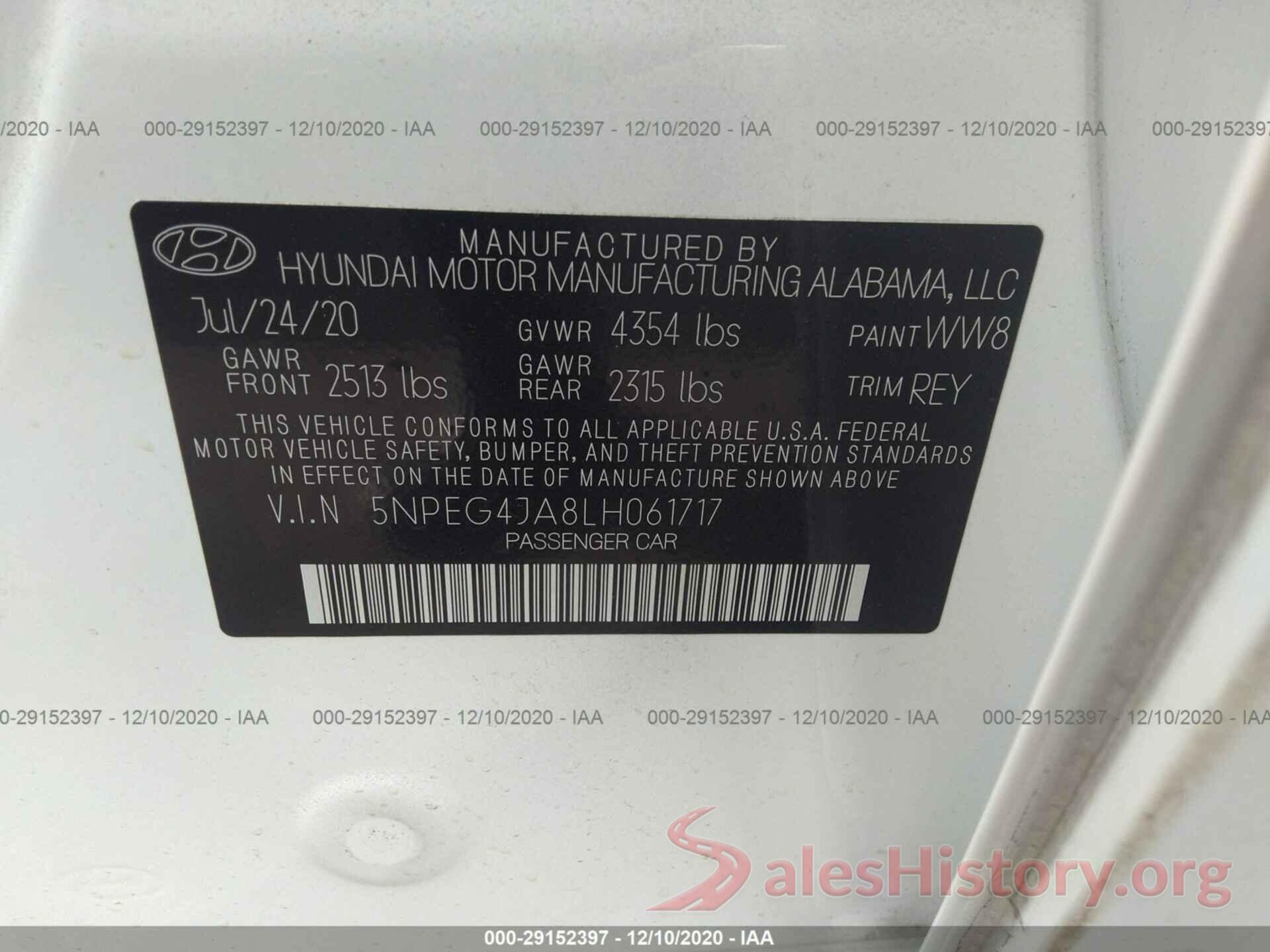 5NPEG4JA8LH061717 2020 HYUNDAI SONATA