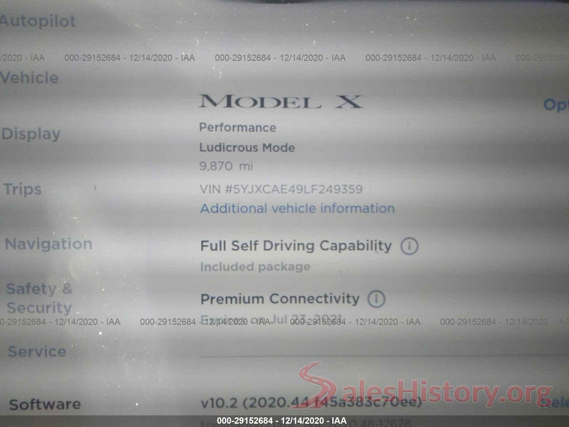 5YJXCAE49LF249359 2020 TESLA MODEL X