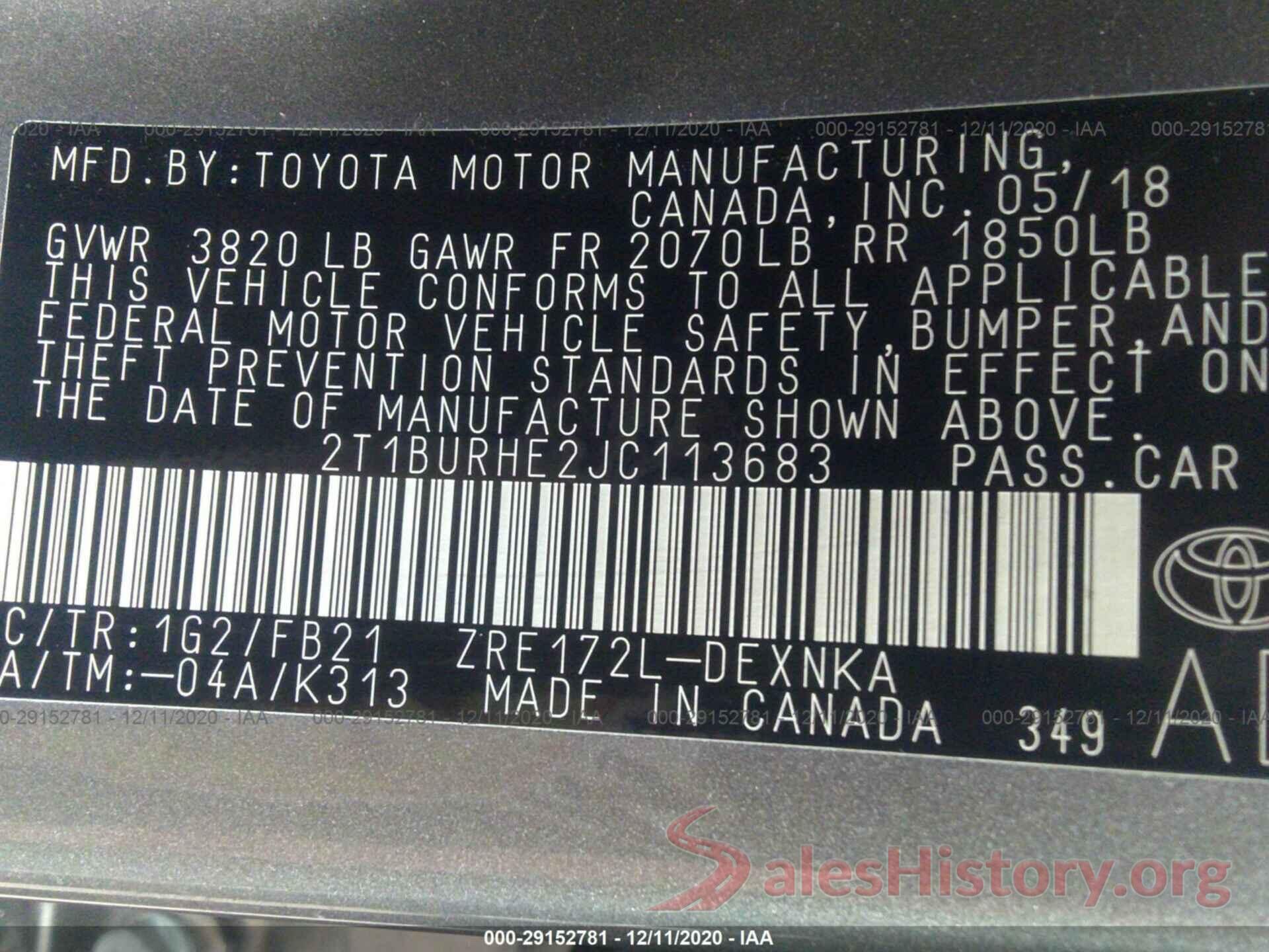 2T1BURHE2JC113683 2018 TOYOTA COROLLA