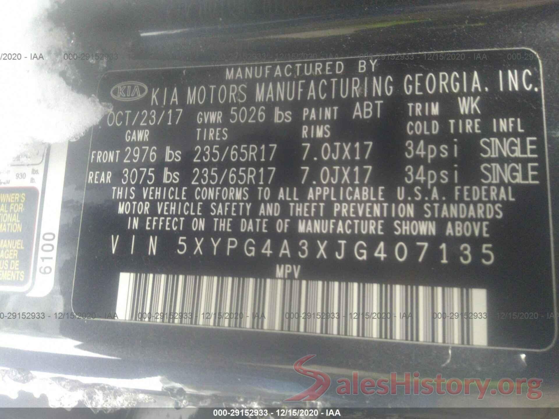 5XYPG4A3XJG407135 2018 KIA SORENTO