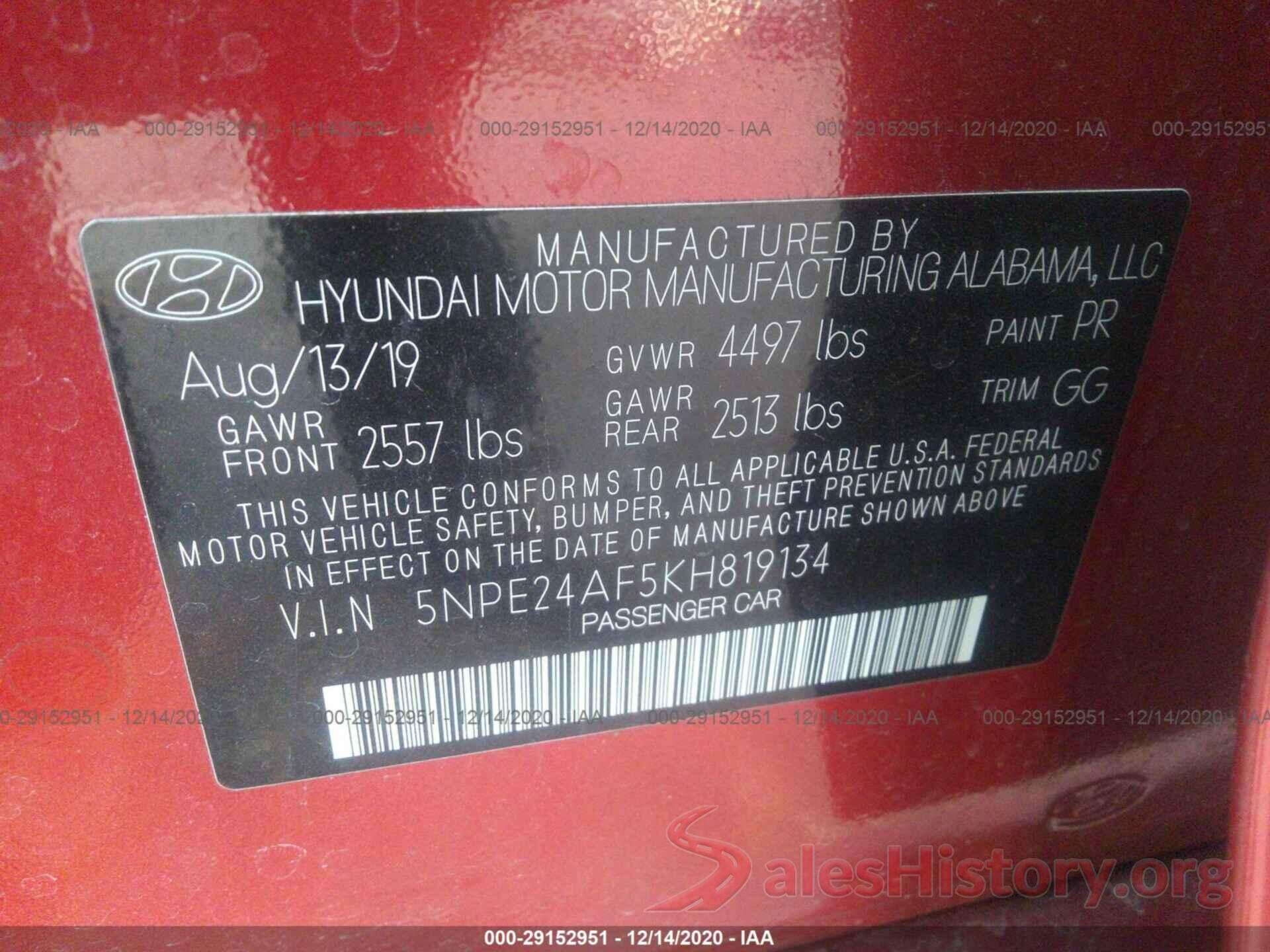 5NPE24AF5KH819134 2019 HYUNDAI SONATA