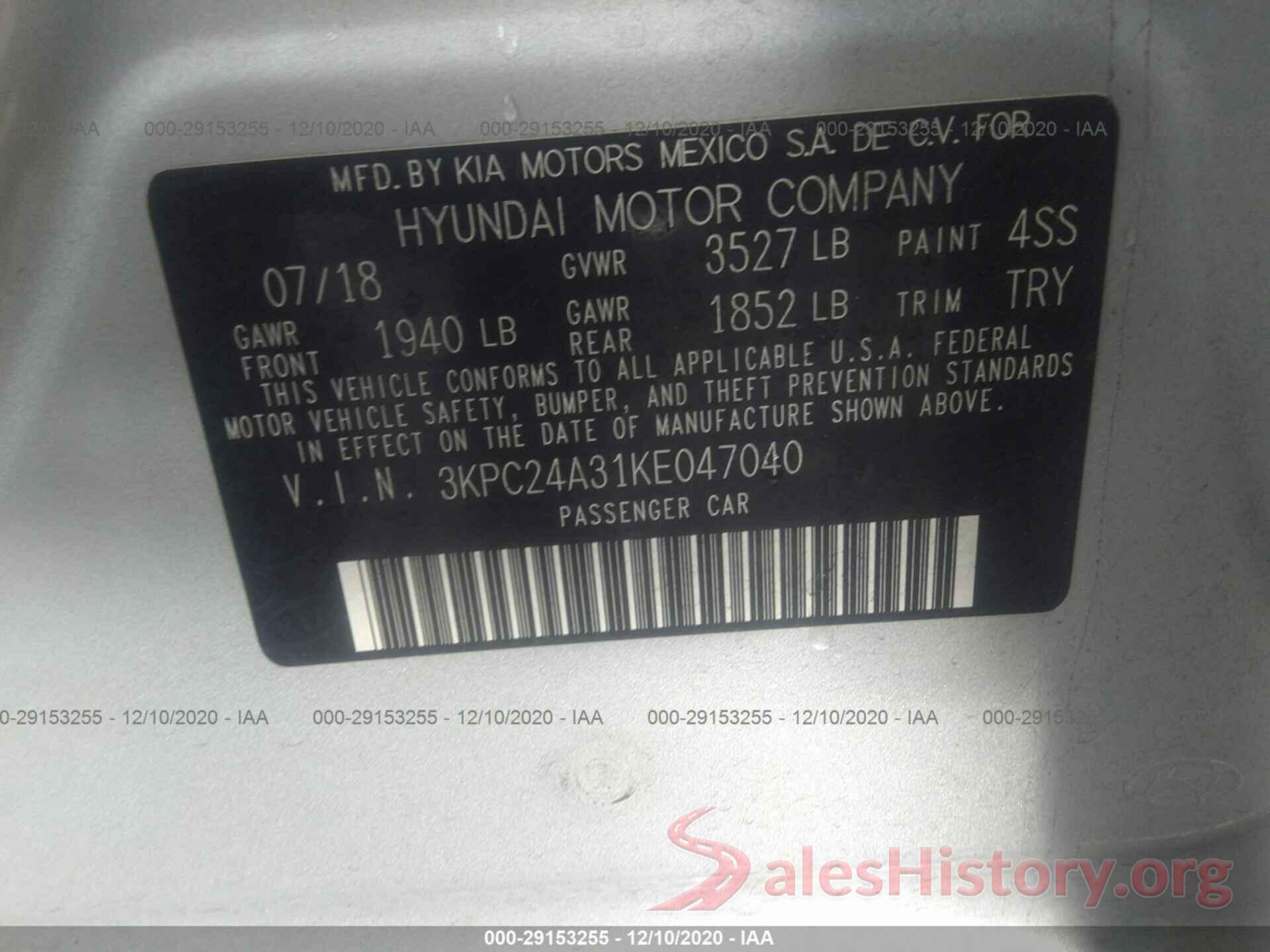 3KPC24A31KE047040 2019 HYUNDAI ACCENT