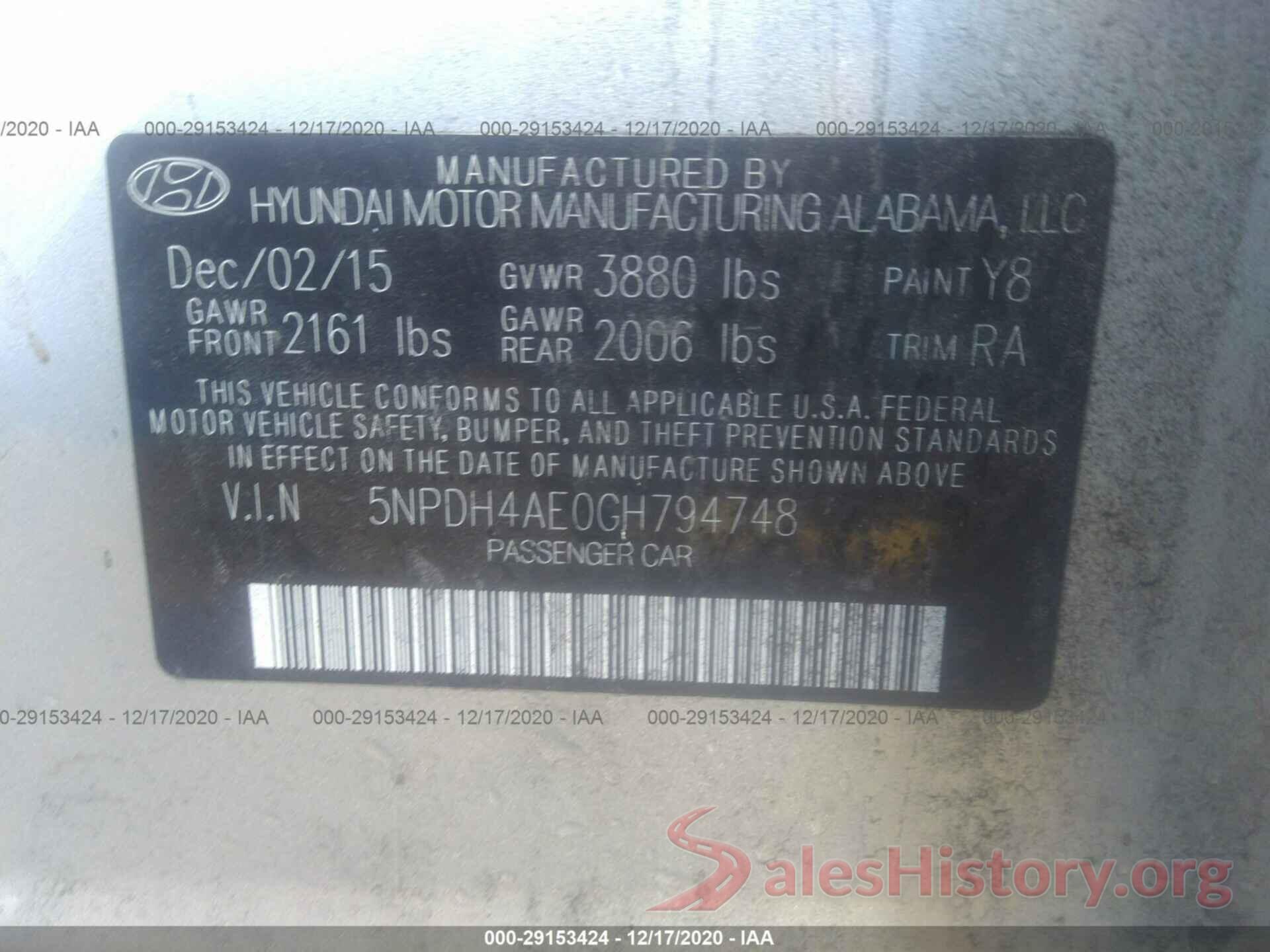 5NPDH4AE0GH794748 2016 HYUNDAI ELANTRA