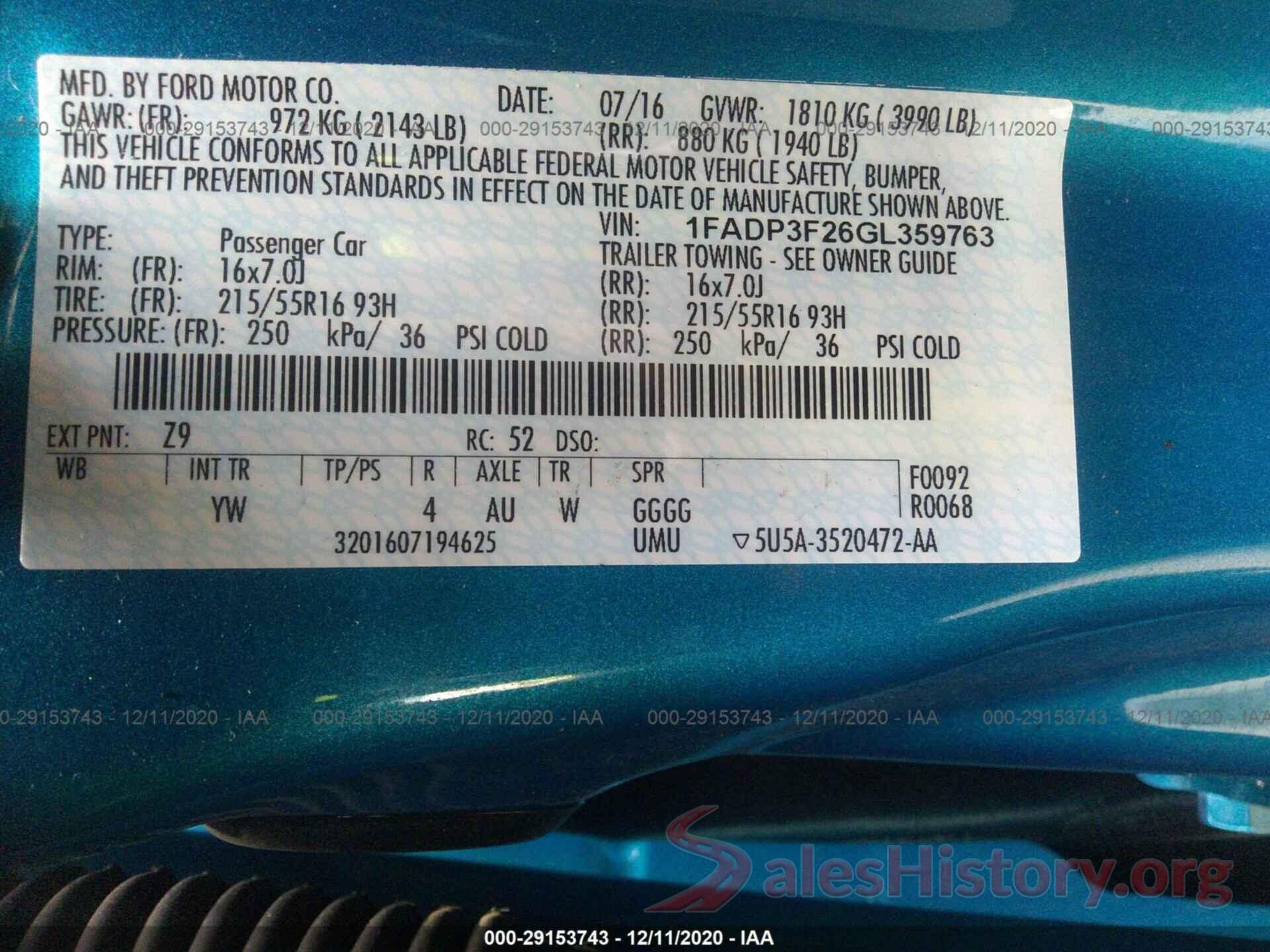 1FADP3F26GL359763 2016 FORD FOCUS