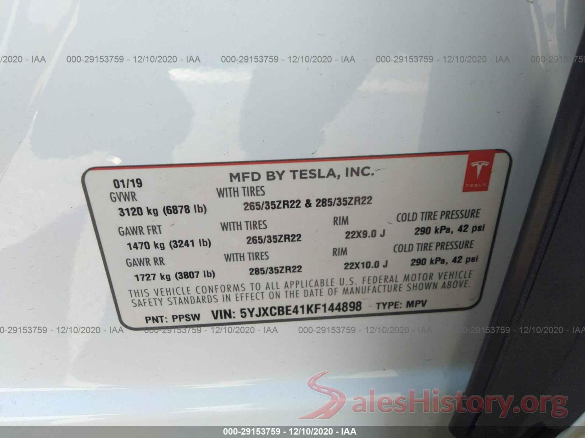 5YJXCBE41KF144898 2019 TESLA MODEL X