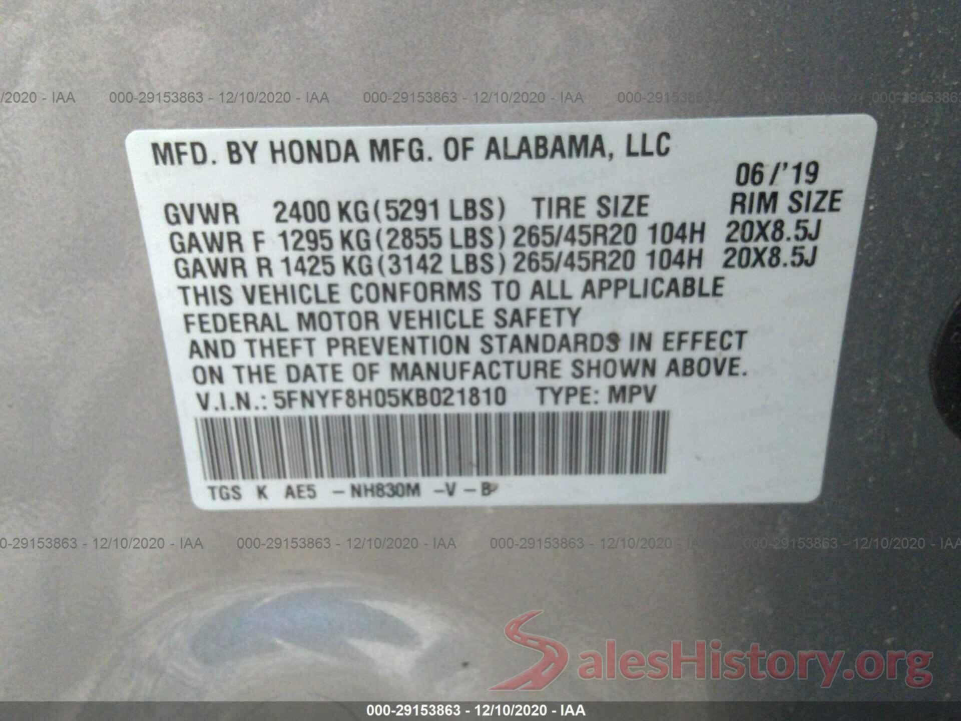 5FNYF8H05KB021810 2019 HONDA PASSPORT