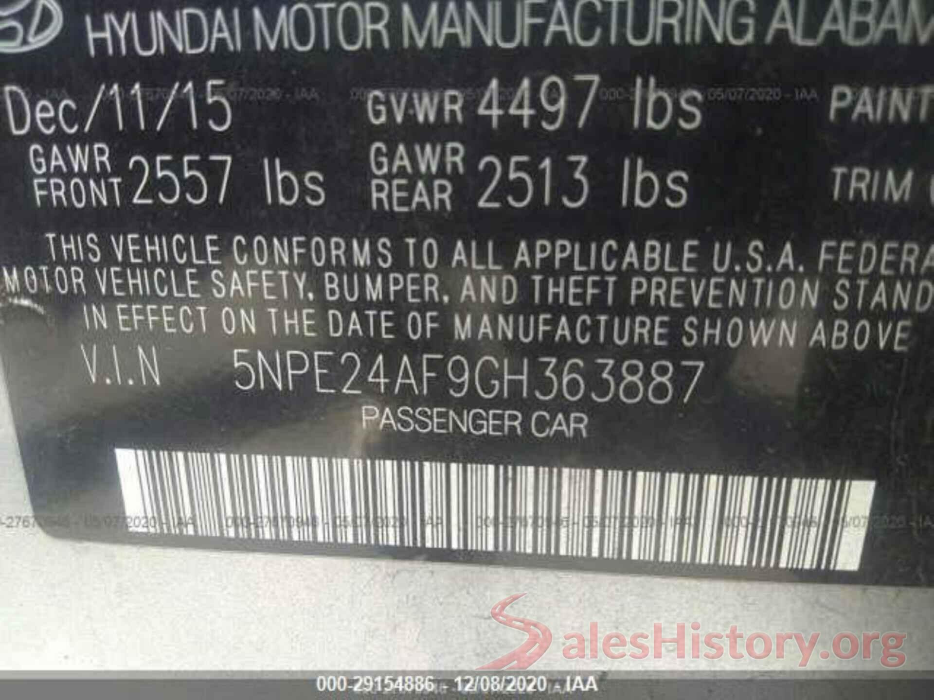 5NPE24AF9GH363887 2016 HYUNDAI SONATA