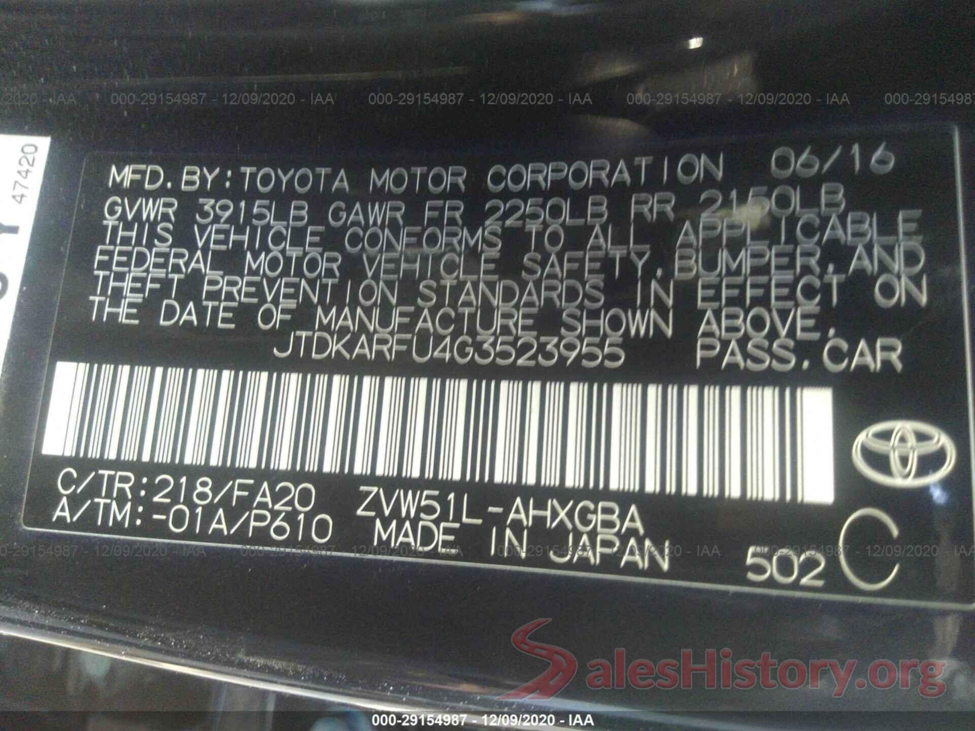 JTDKARFU4G3523955 2016 TOYOTA PRIUS