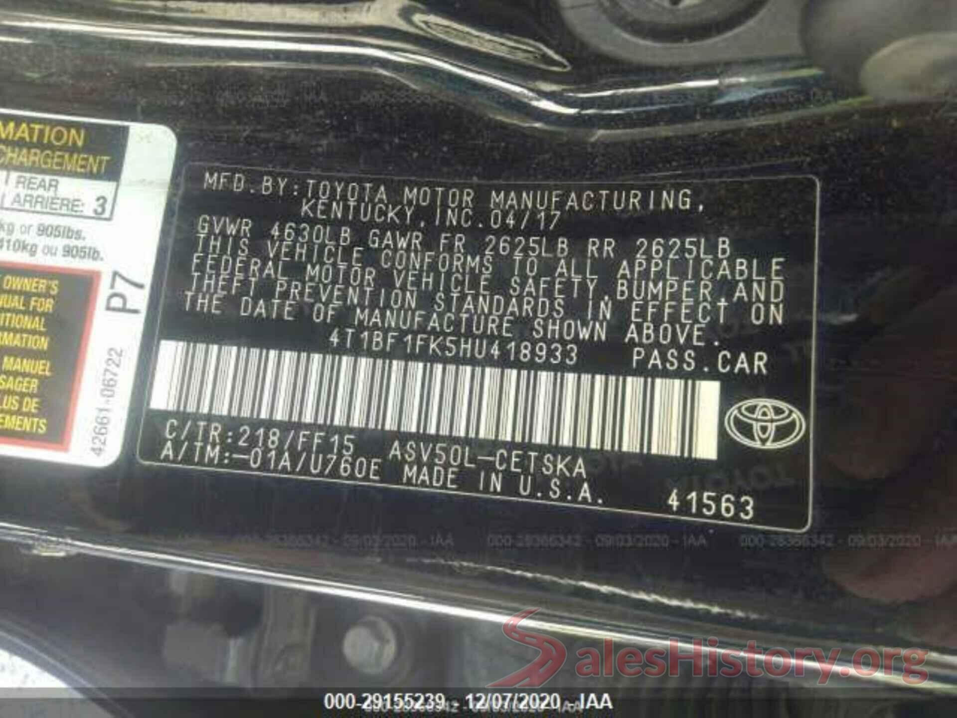 4T1BF1FK5HU418933 2017 TOYOTA CAMRY