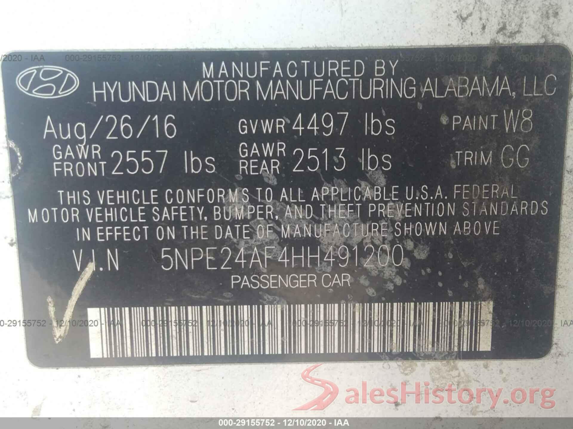 5NPE24AF4HH491200 2017 HYUNDAI SONATA