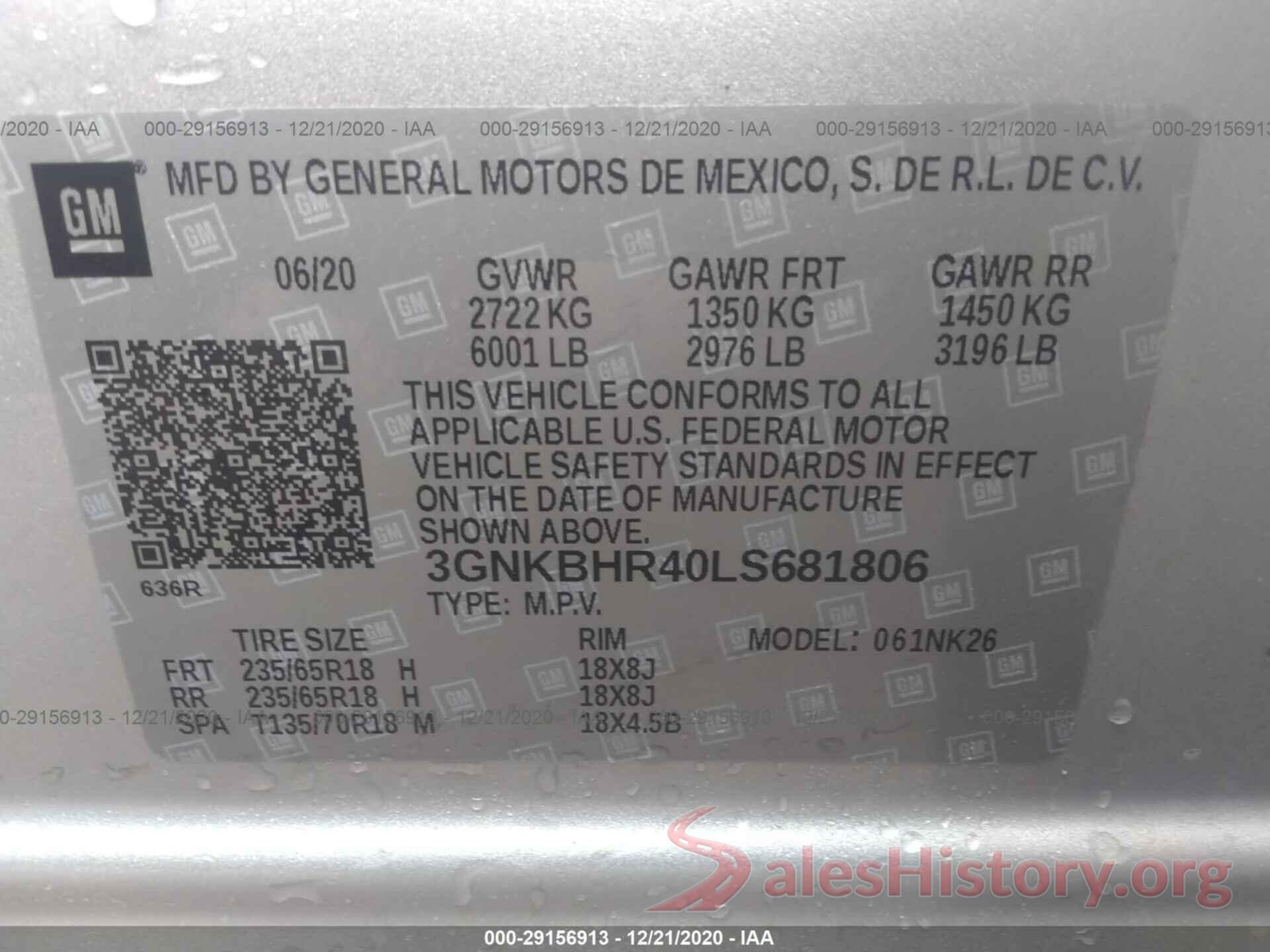 3GNKBHR40LS681806 2020 CHEVROLET BLAZER