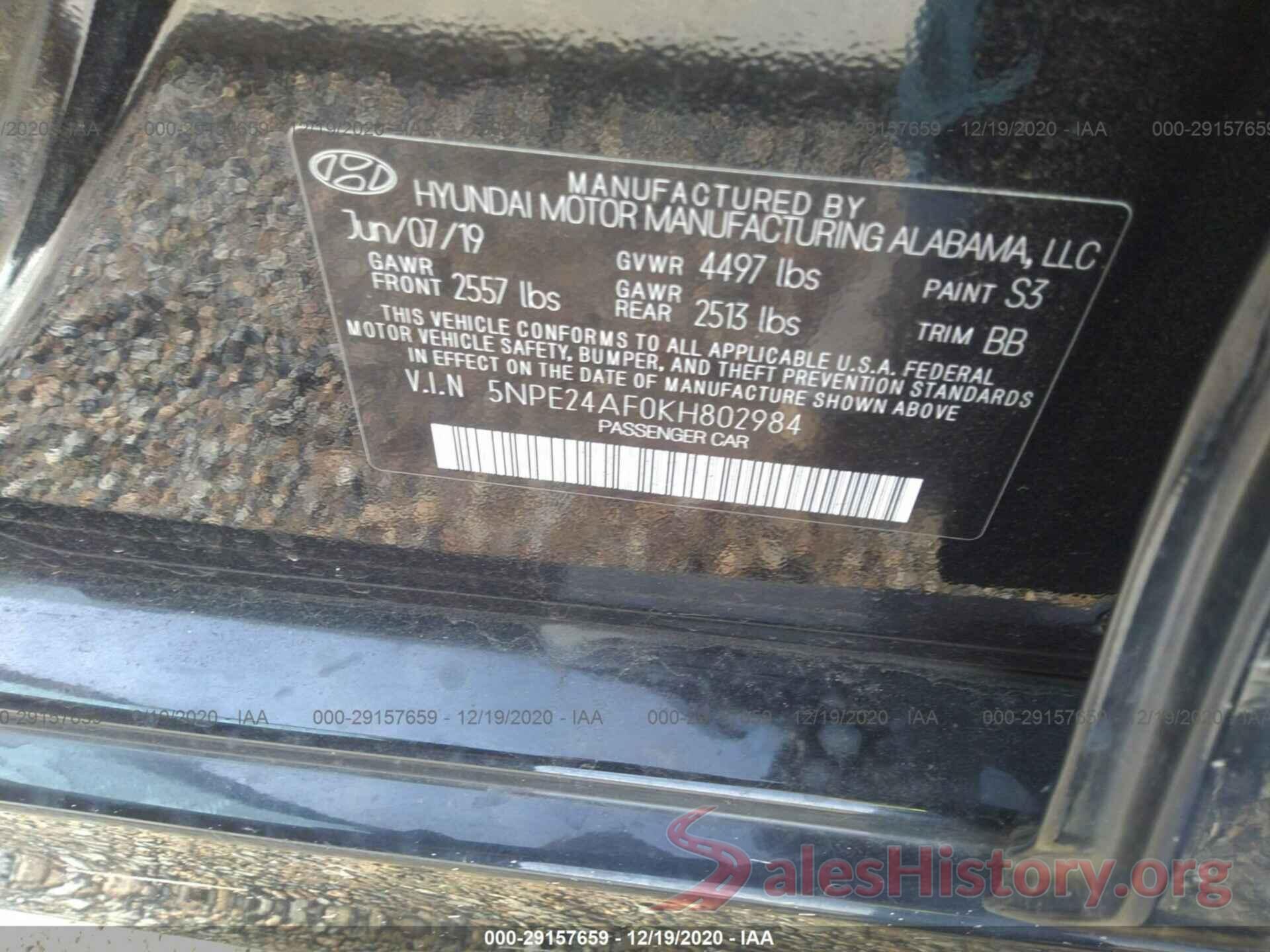 5NPE24AF0KH802984 2019 HYUNDAI SONATA