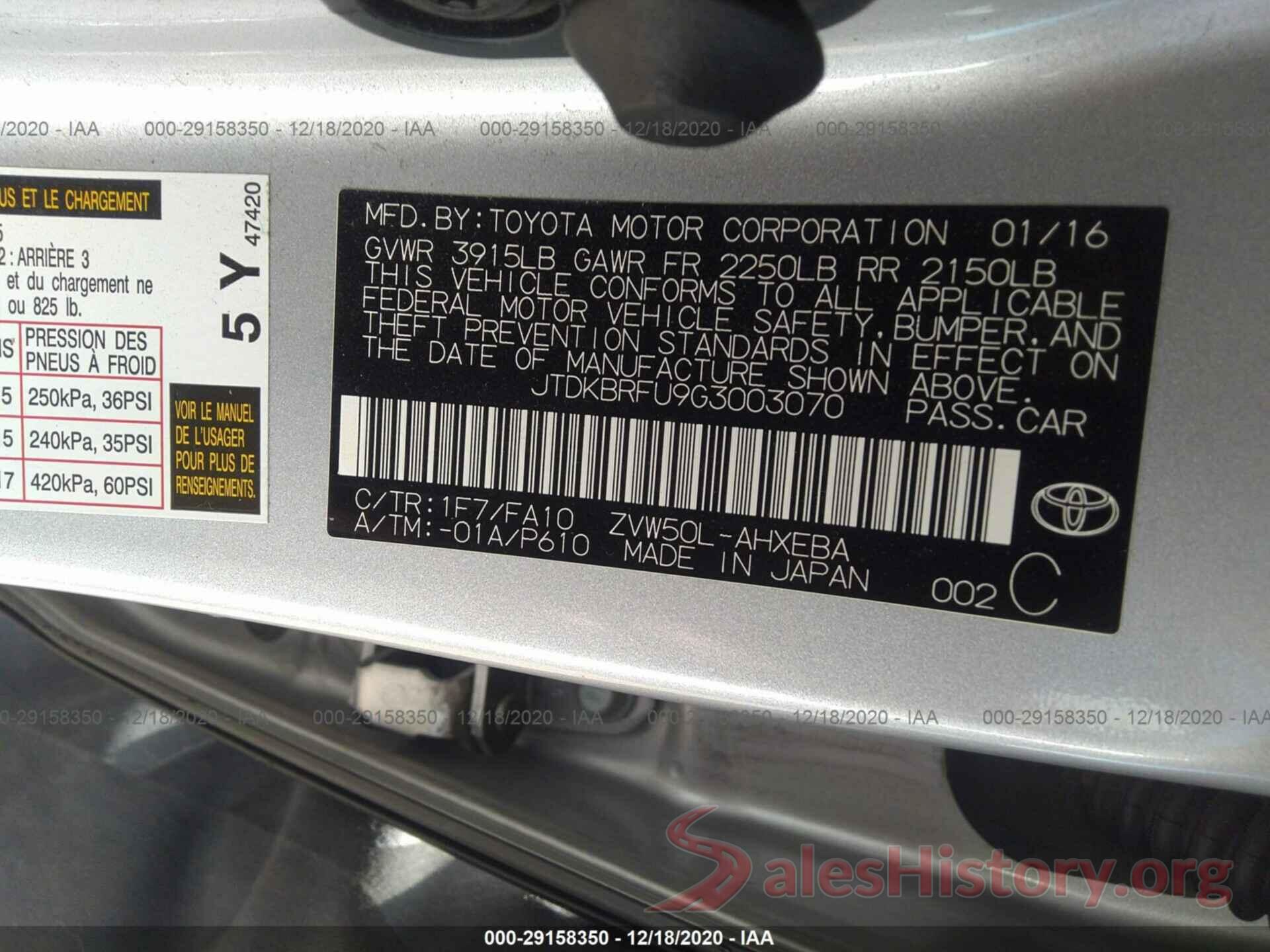 JTDKBRFU9G3003070 2016 TOYOTA PRIUS