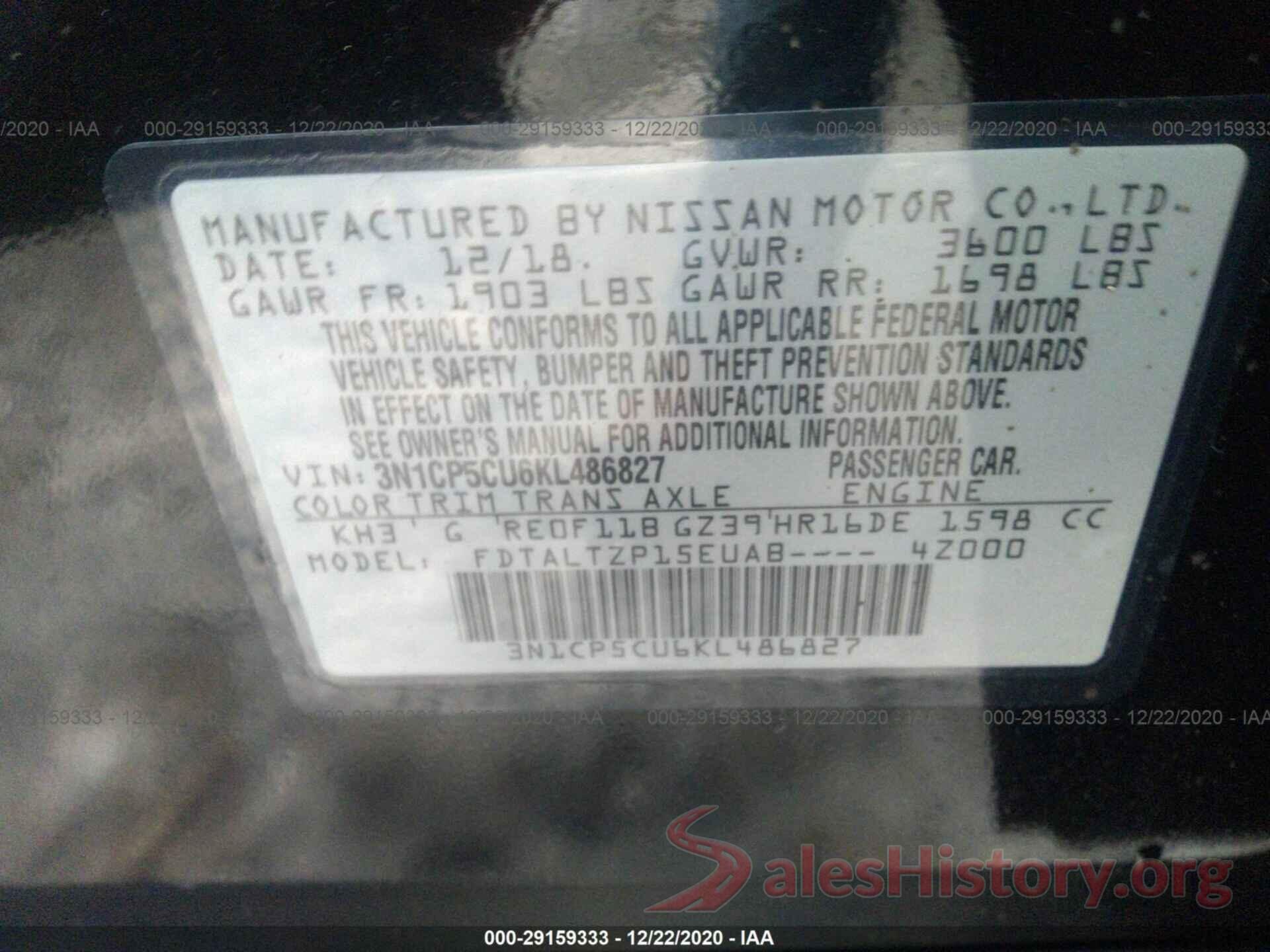 3N1CP5CU6KL486827 2019 NISSAN KICKS