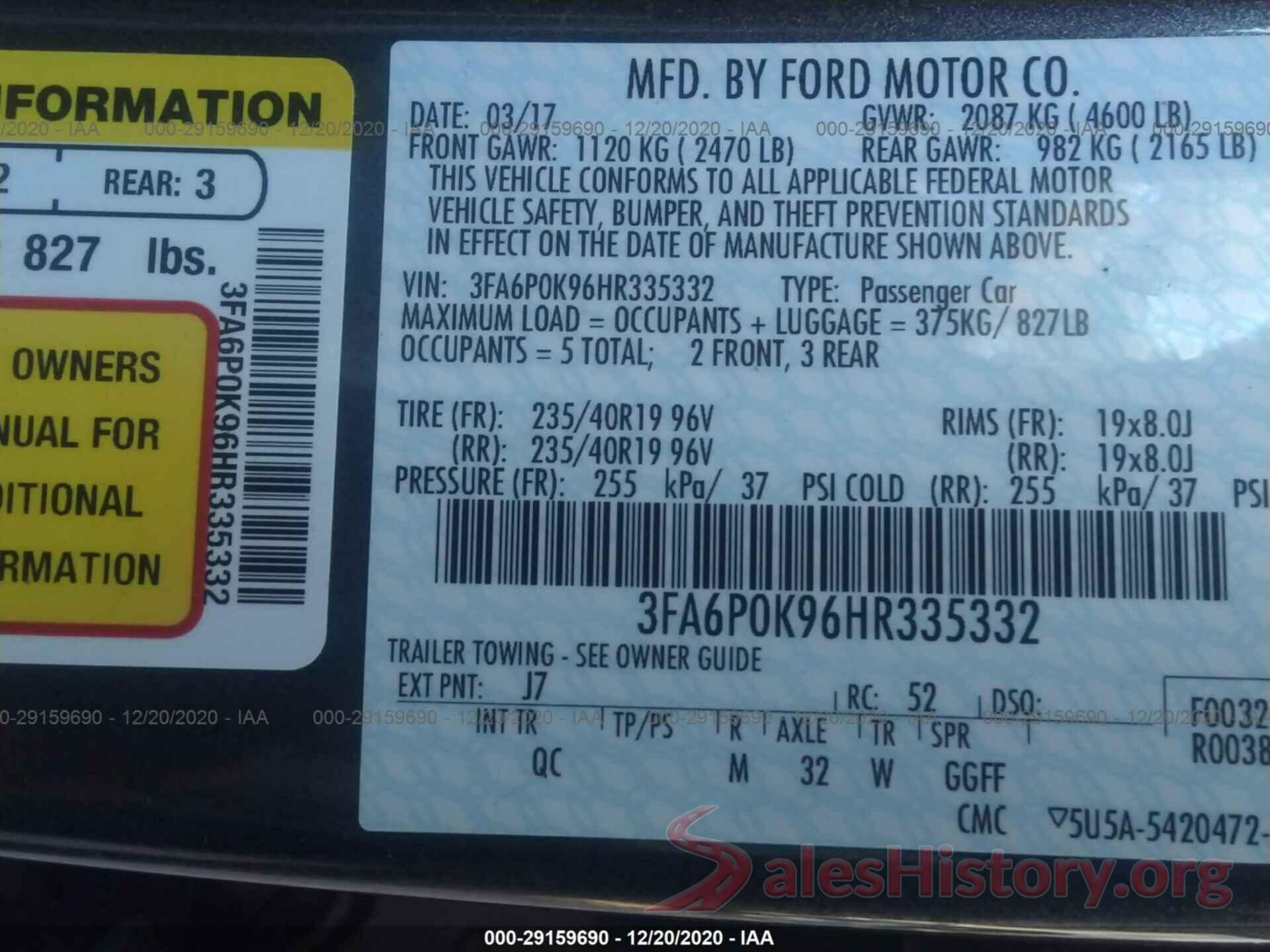 3FA6P0K96HR335332 2017 FORD FUSION