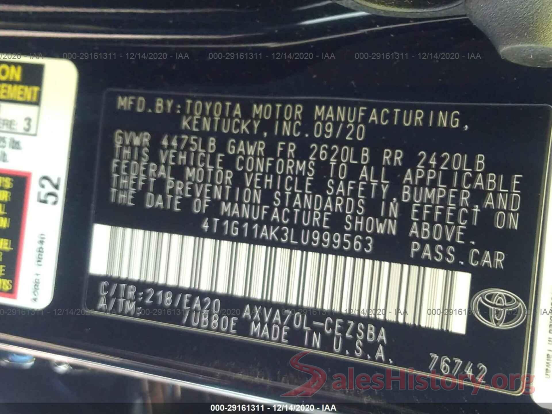 4T1G11AK3LU999563 2020 TOYOTA CAMRY