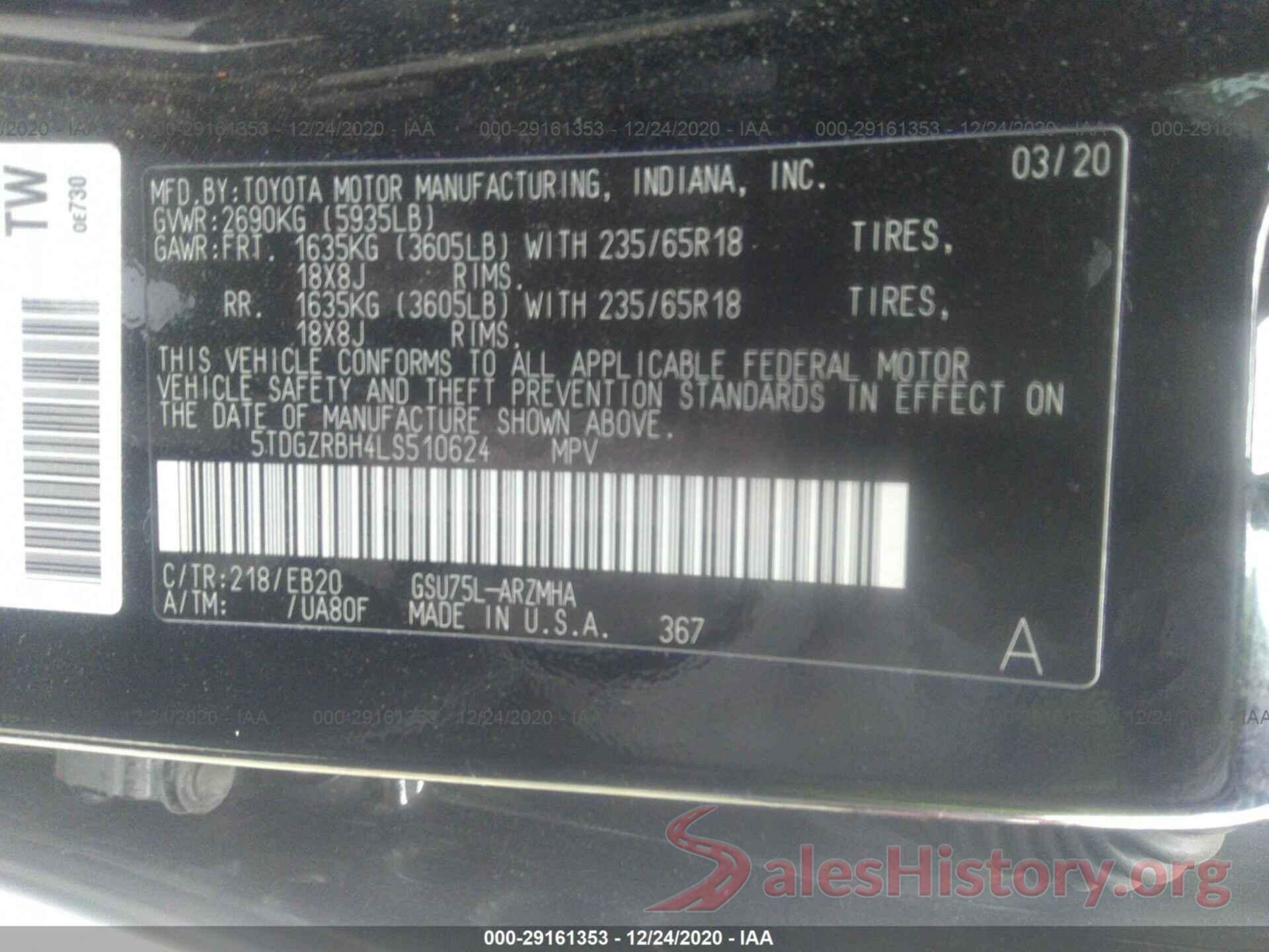 5TDGZRBH4LS510624 2020 TOYOTA HIGHLANDER