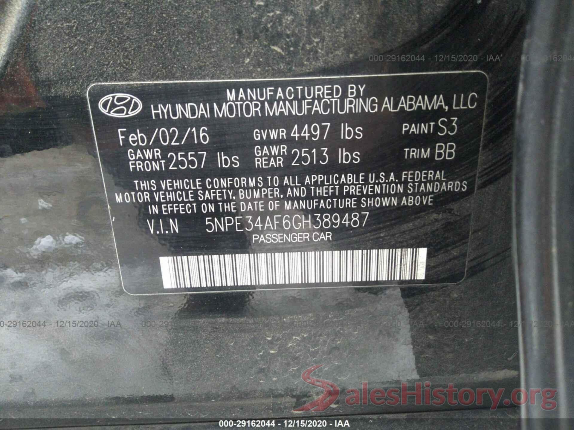 5NPE34AF6GH389487 2016 HYUNDAI SONATA