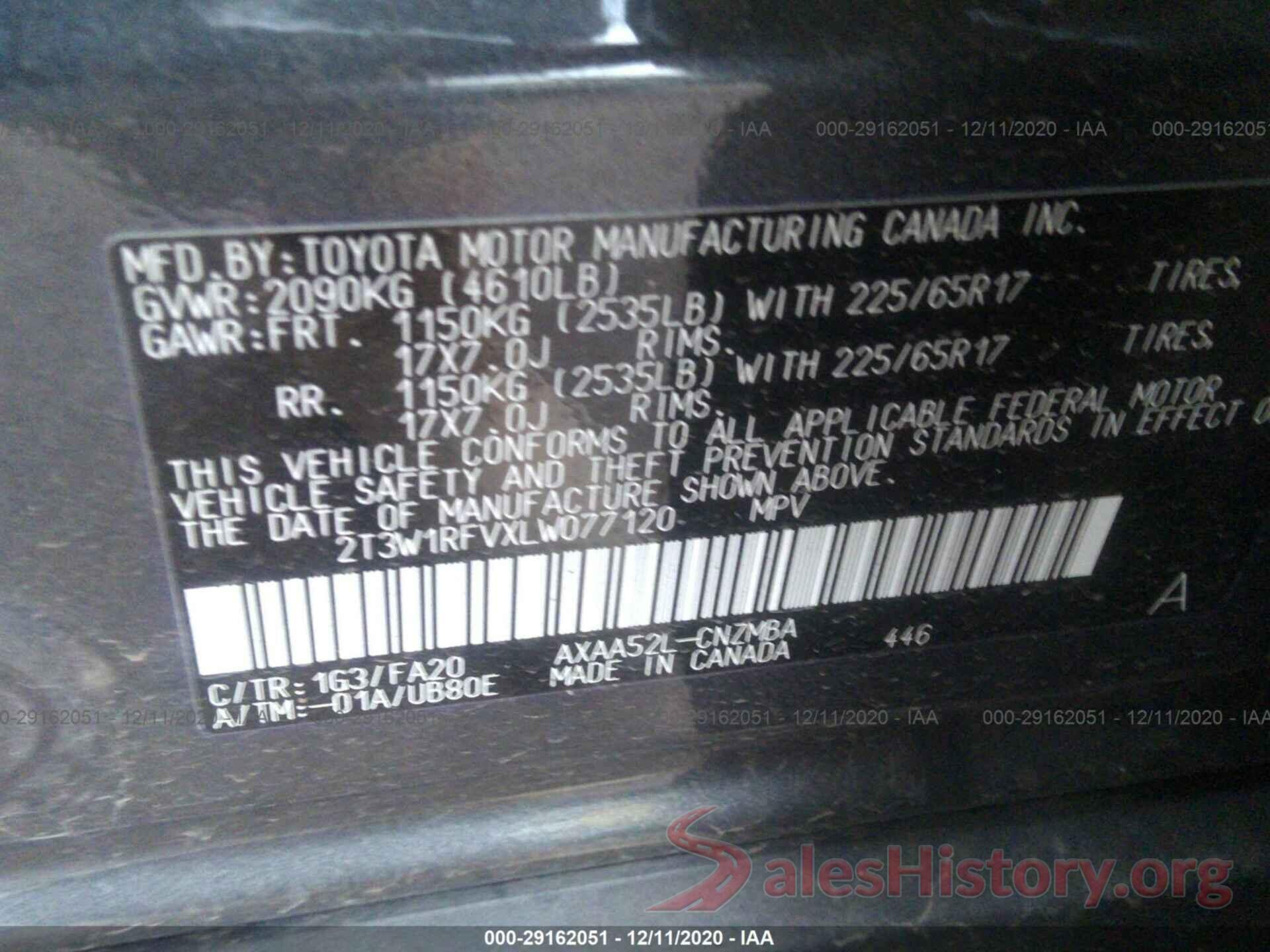 2T3W1RFVXLW077120 2020 TOYOTA RAV4