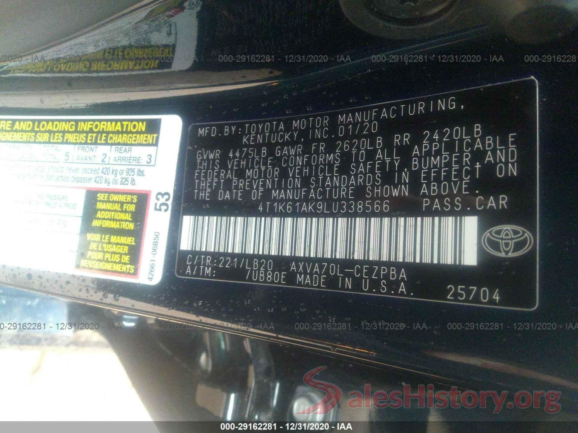 4T1K61AK9LU338566 2020 TOYOTA CAMRY