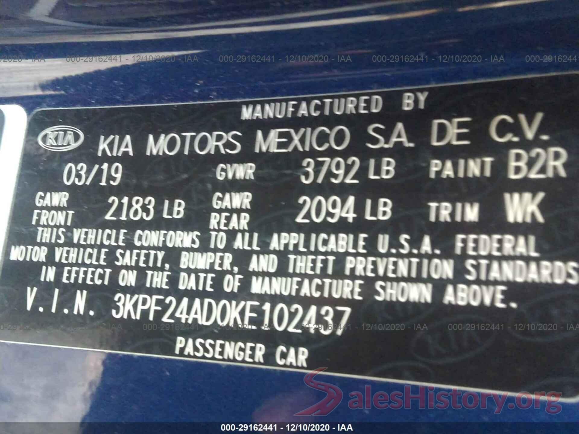 3KPF24AD0KE102437 2019 KIA FORTE