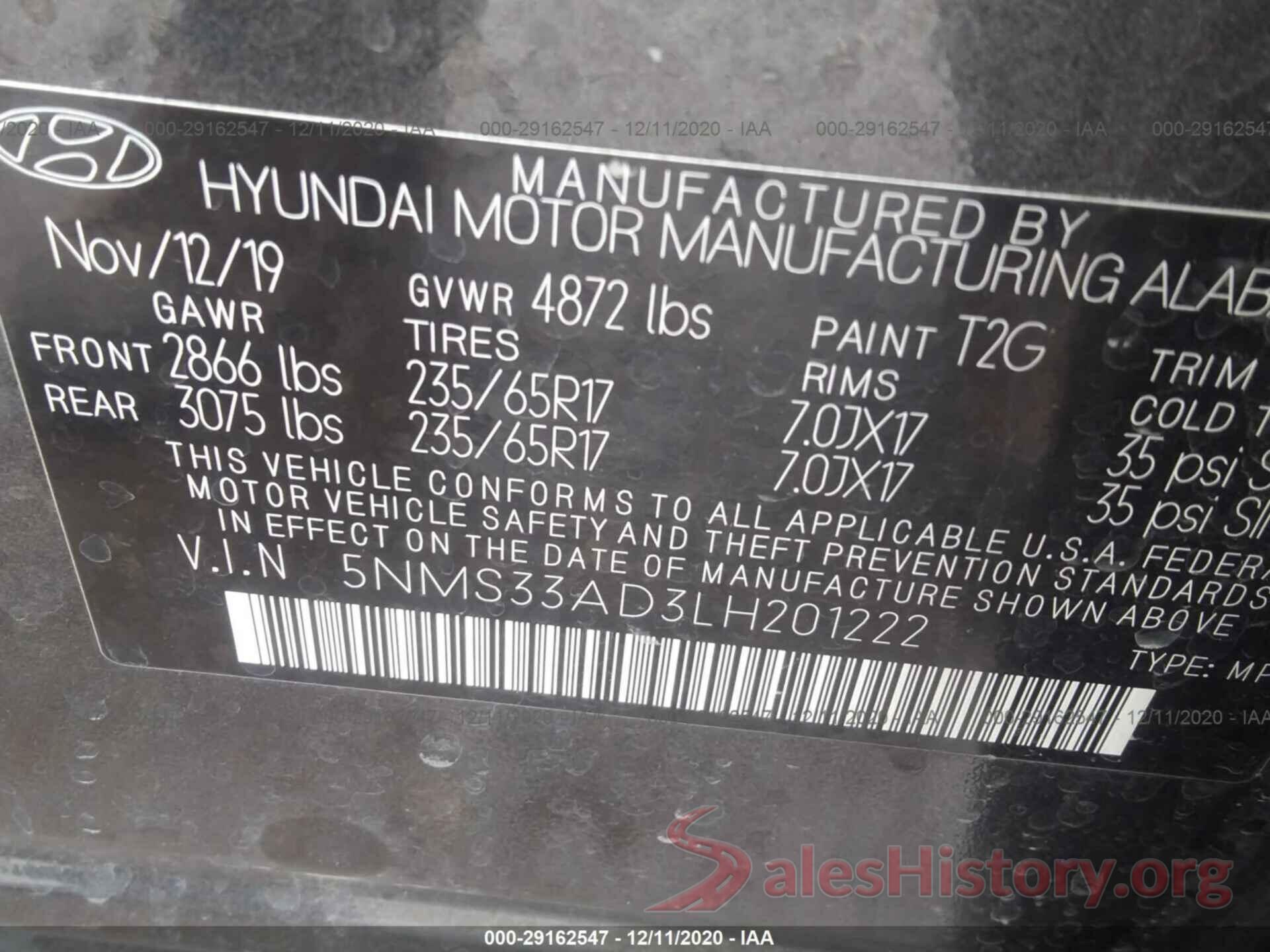 5NMS33AD3LH201222 2020 HYUNDAI SANTA FE