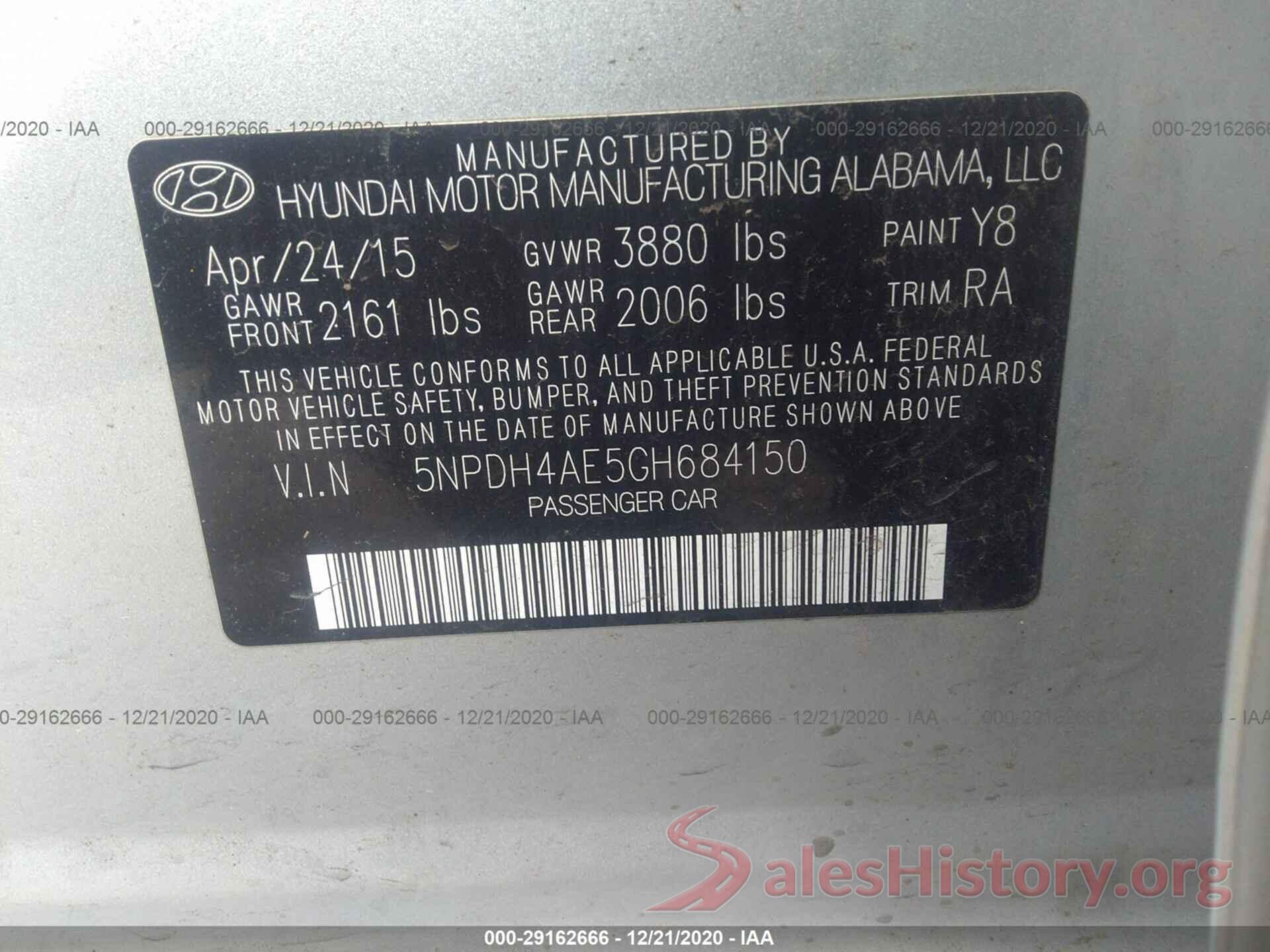 5NPDH4AE5GH684150 2016 HYUNDAI ELANTRA