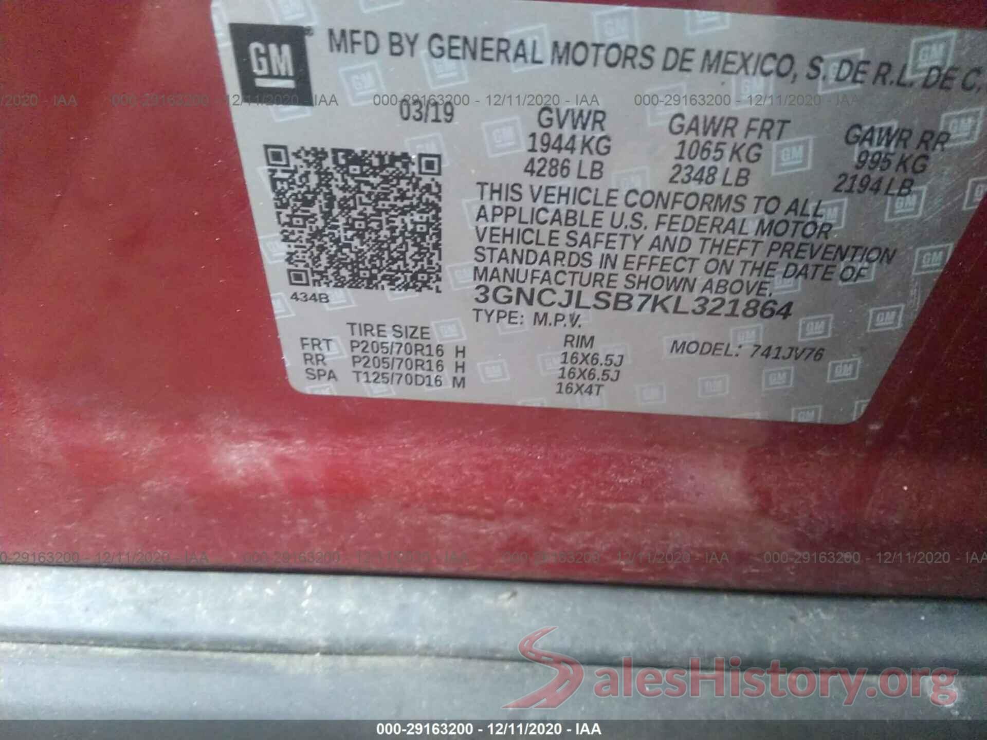 3GNCJLSB7KL321864 2019 CHEVROLET TRAX