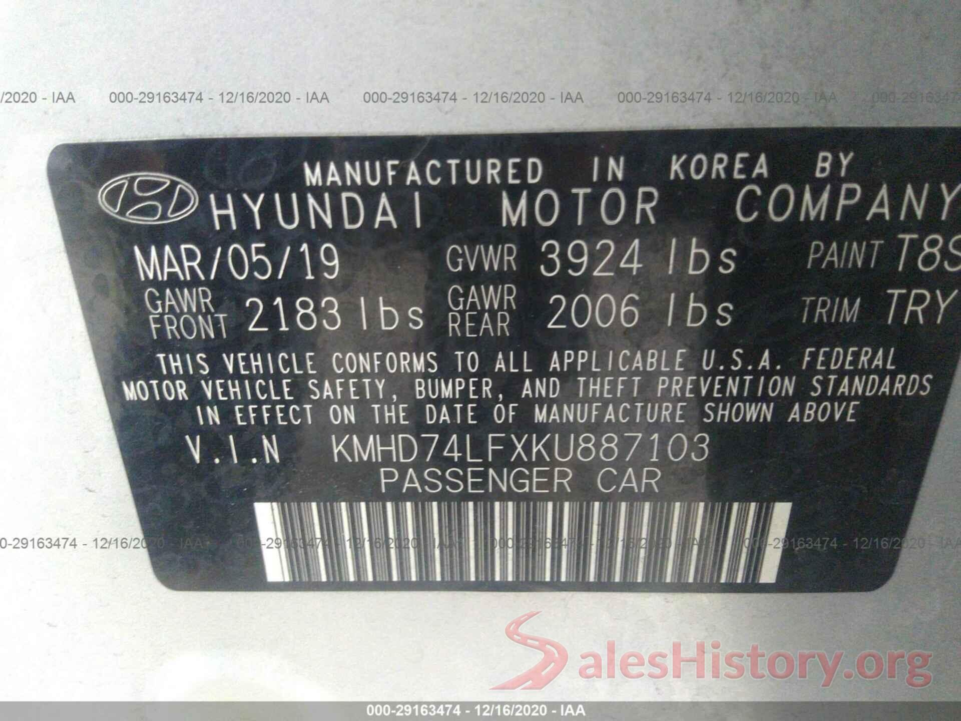 KMHD74LFXKU887103 2019 HYUNDAI ELANTRA