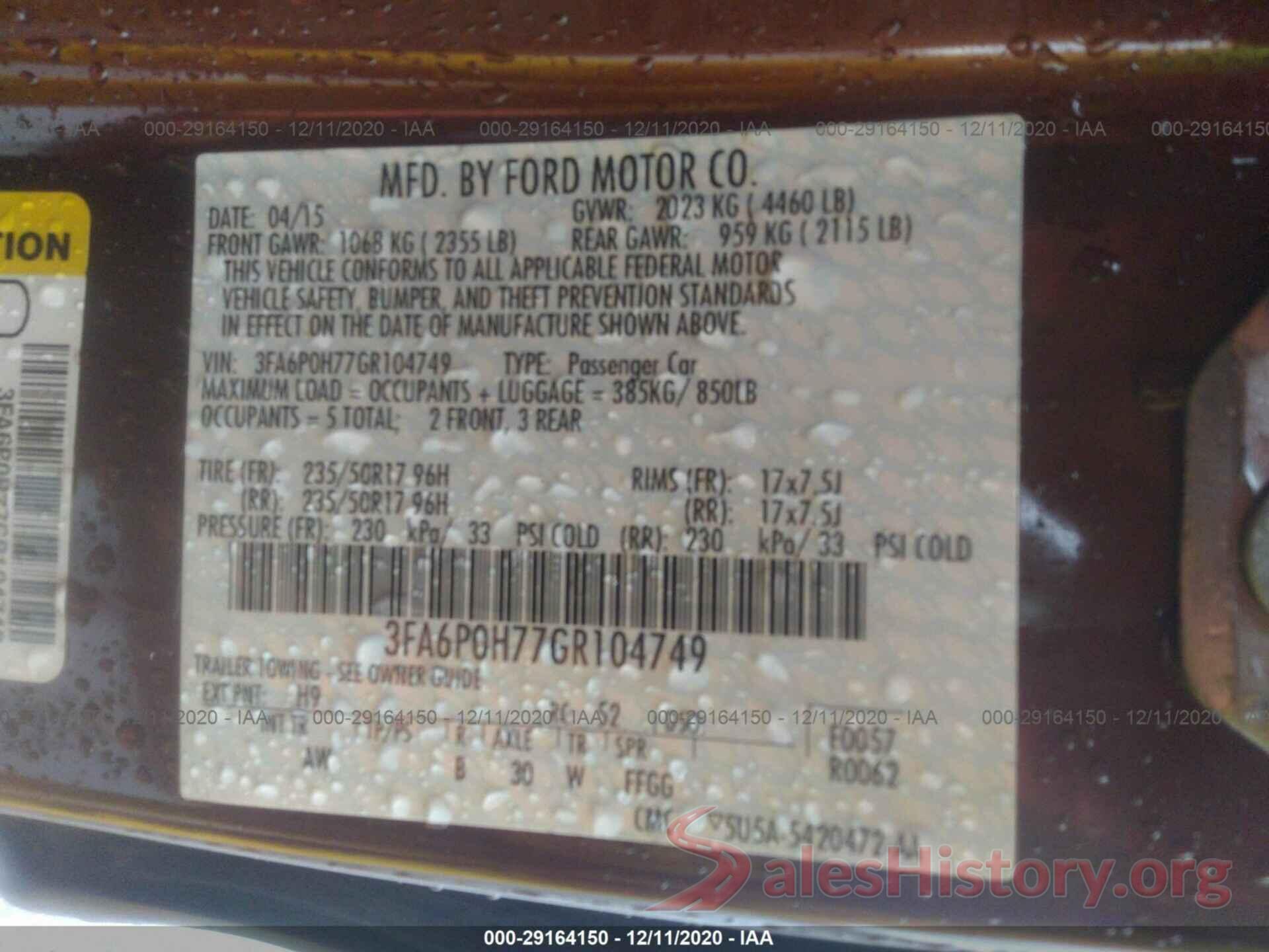 3FA6P0H77GR104749 2016 FORD FUSION