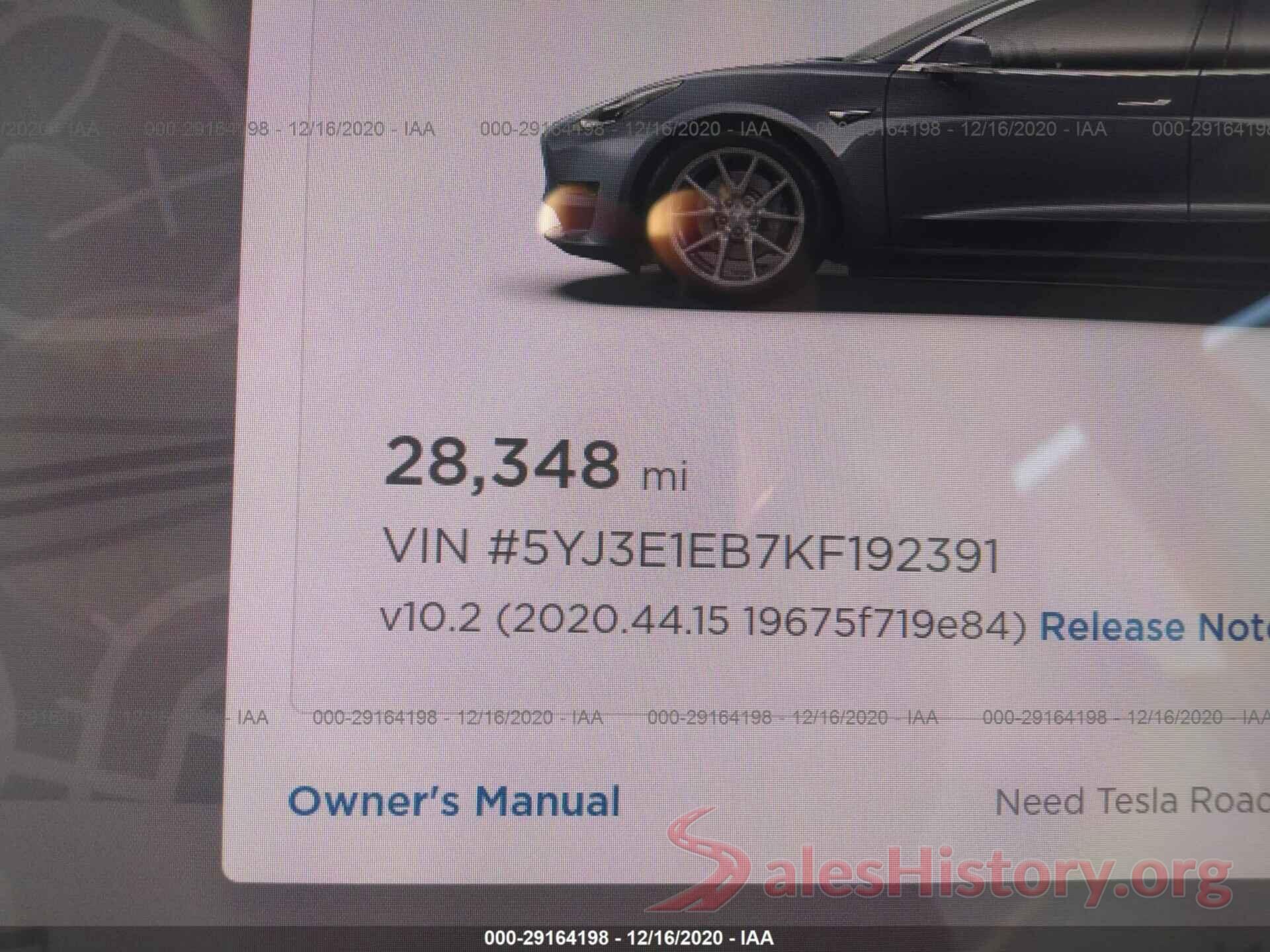 5YJ3E1EB7KF192391 2019 TESLA MODEL 3